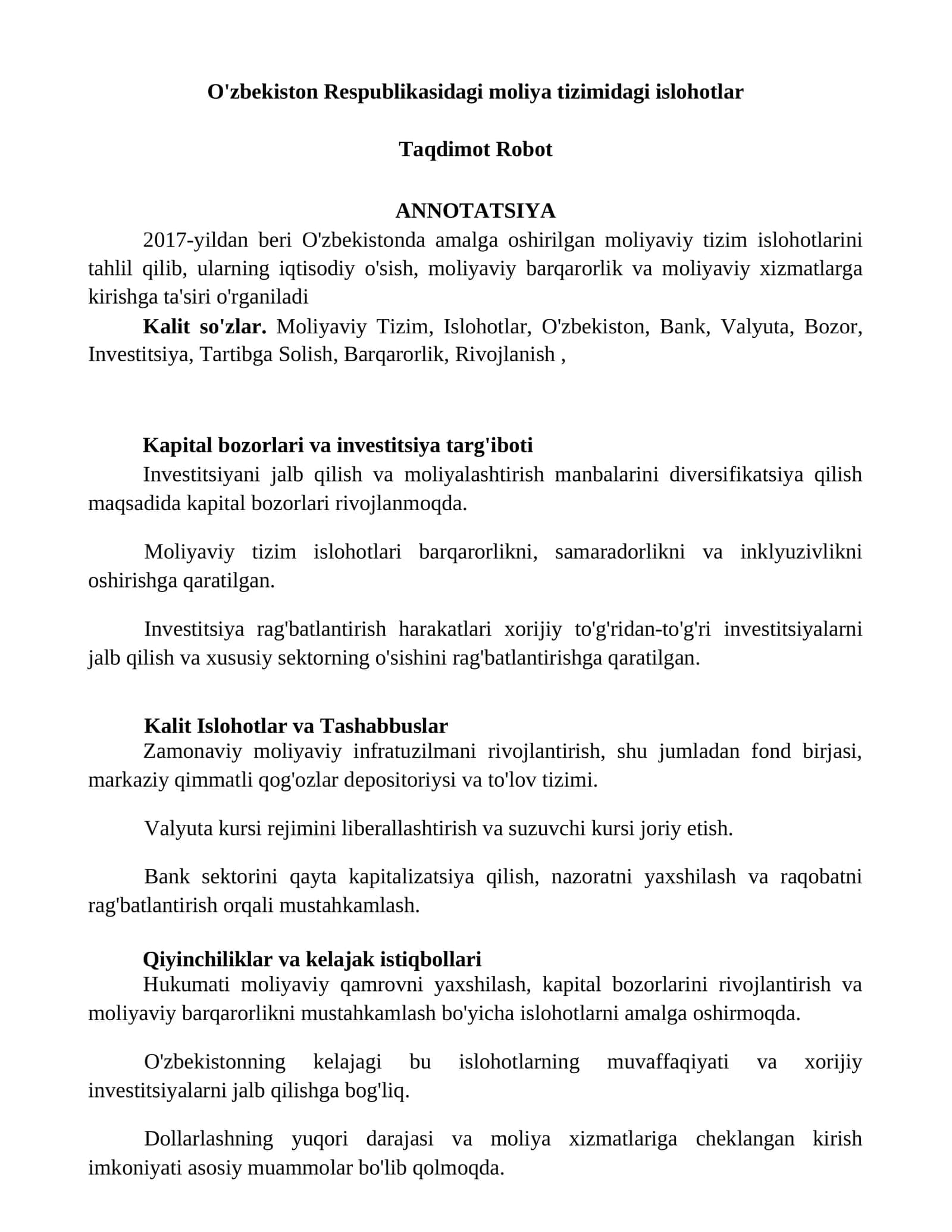 Moliyaviy Tizim Islohotlari 1