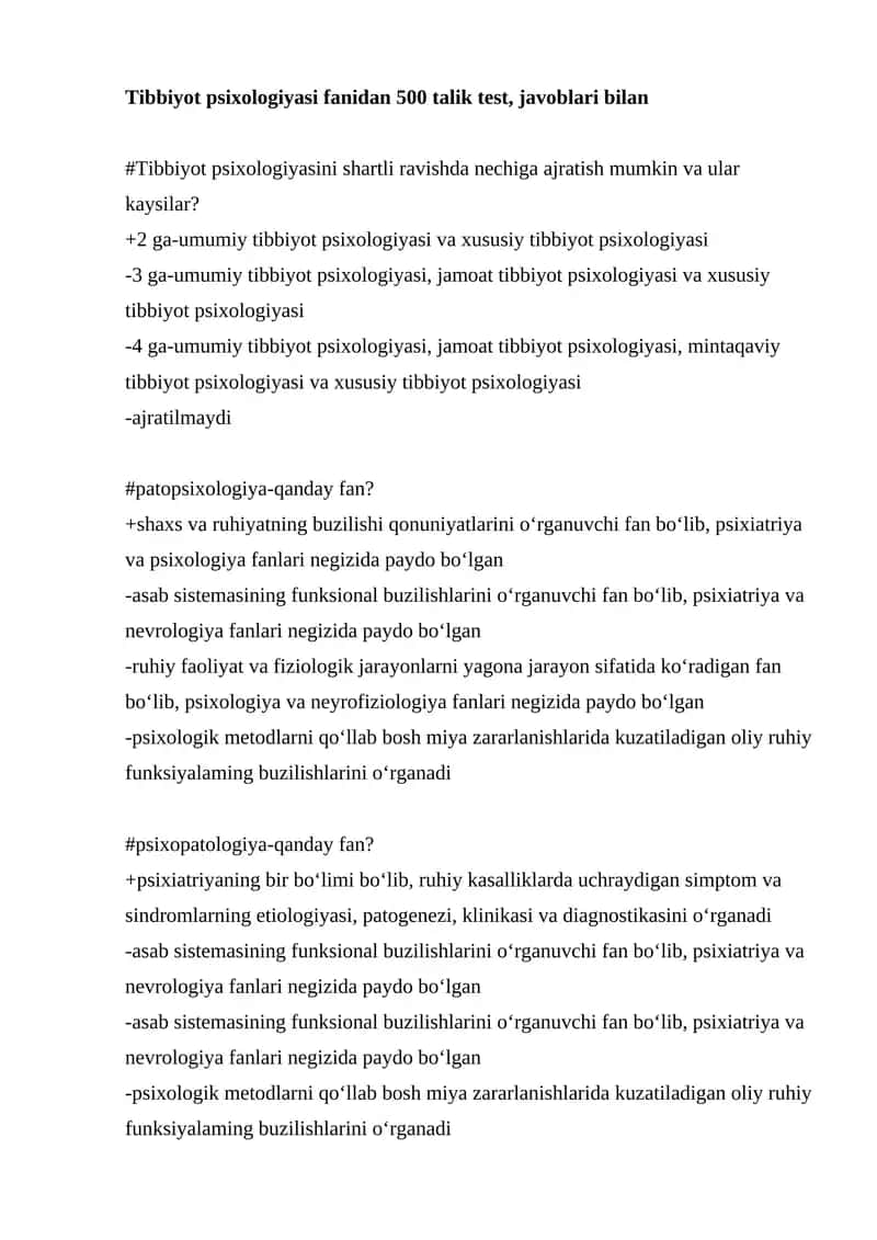 Tibbiyot psixologiyasi fanidan 500 talik test, javoblari bilan 1