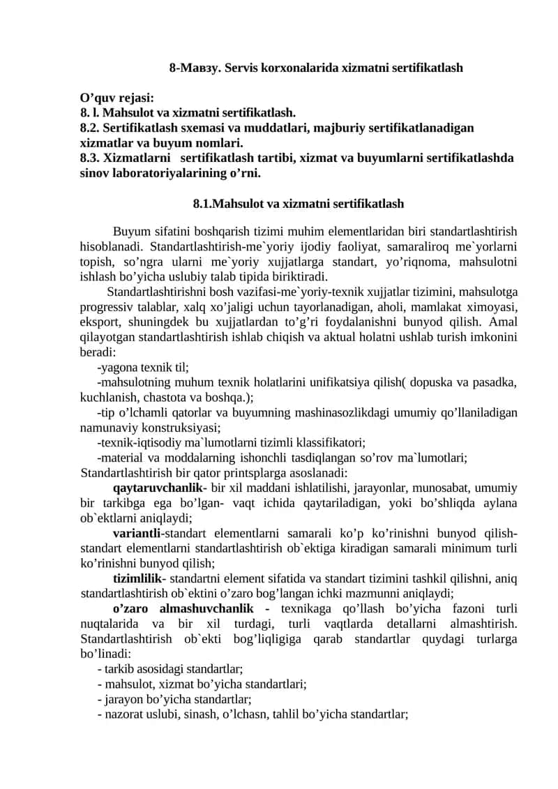 Servis korxonalarida xizmatni sertifikatlash 1