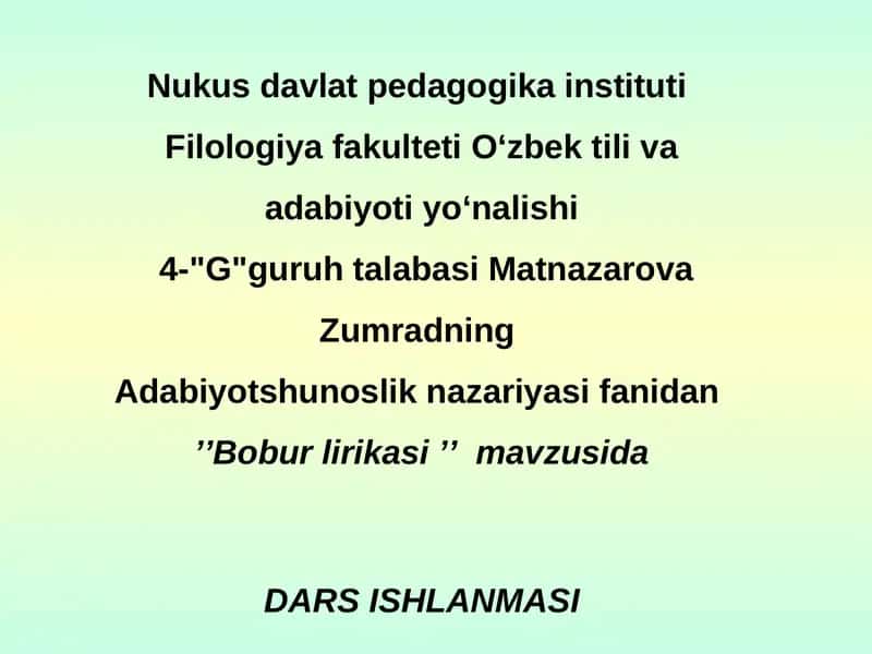 Bobur lirikasi DARSISHLANMASI 1