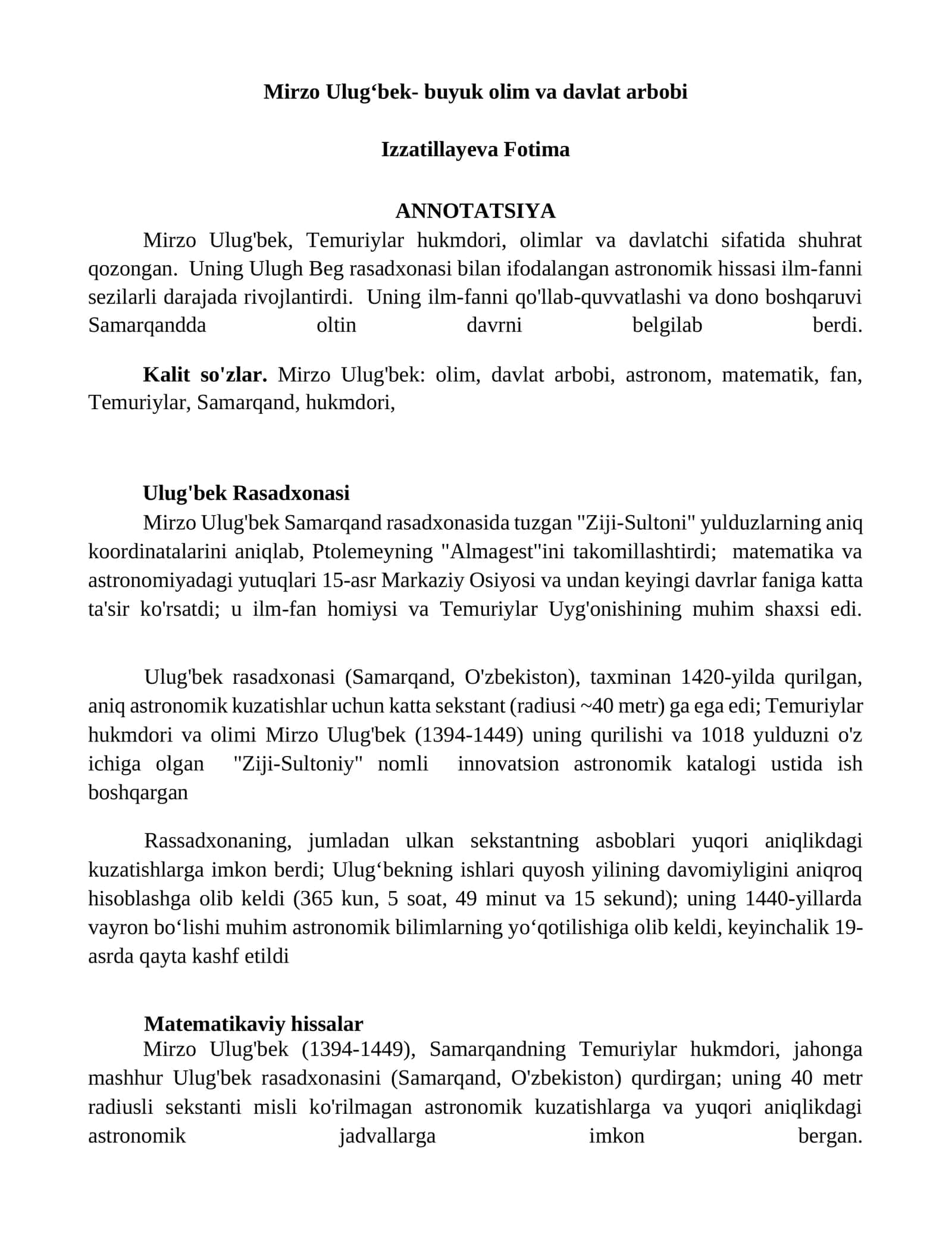 Mirzo Ulug'bek- buyuk olim va davlat arbobi 1
