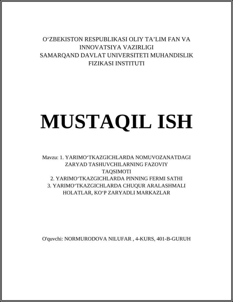YARIMOʻTKAZGICHLARDA NOMUVOZANATDAGI ZARYAD TASHUVCHILARNING FAZOVIY TAQSIMOTI 1