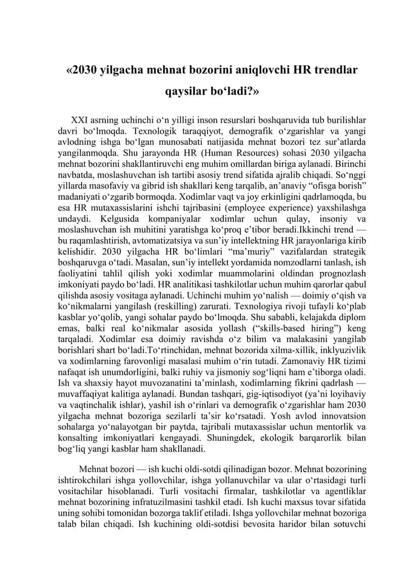 HR trendlar. Mehnat bozori. 1