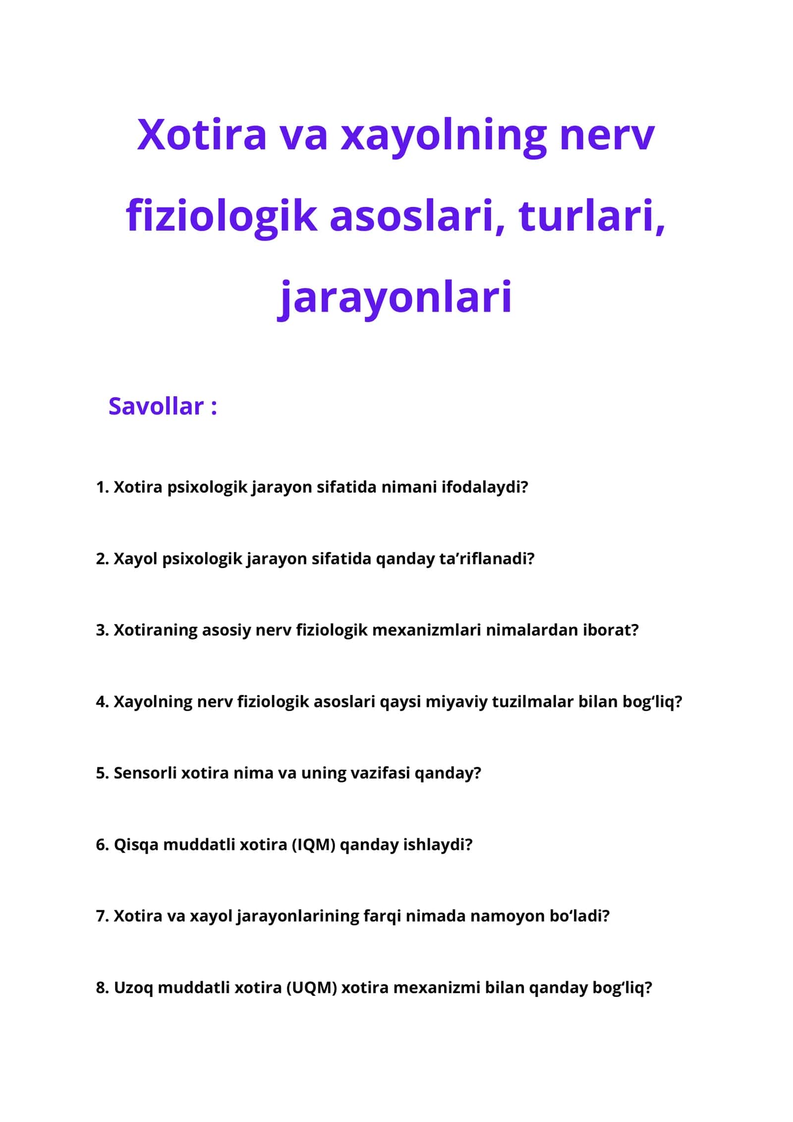 Xotira va Xayolning nerv fiziologik asoslari 1