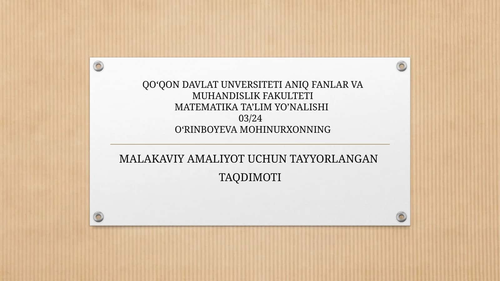 MALAKAVIY AMALIYOT UCHUN TAYYORLANGAN TAQDIMOTI 1