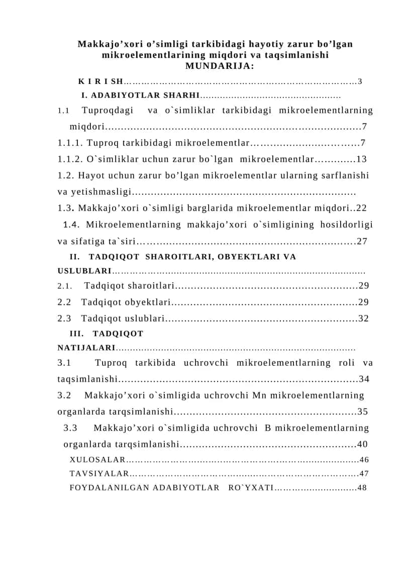 Makkajo’xori o’simligi tarkibidagi hayotiy zarur bo’lgan mikroelementlarining miqdori va taqsimlanishi 1