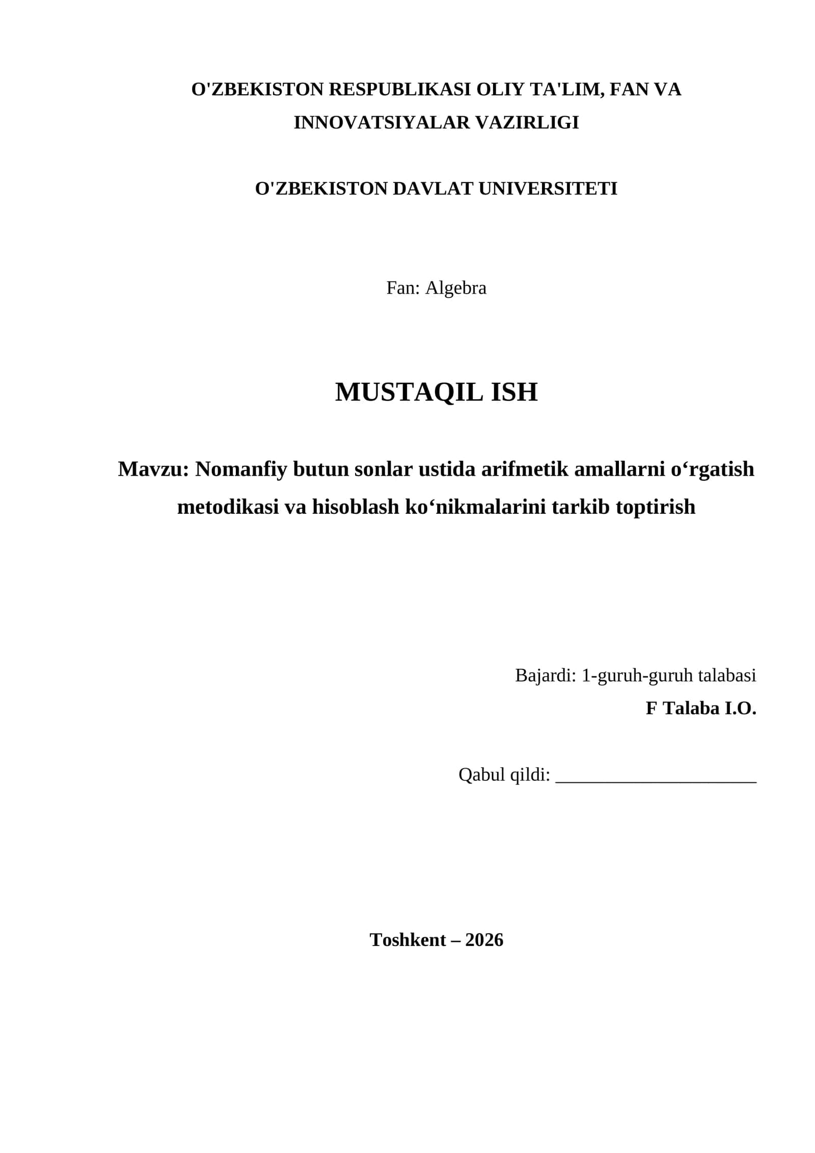 Nomanfiy butun sonlar ustida arifmetik amallarni o‘rgatish metodikasi va hisoblash ko‘nikmalarini tarkib toptirish 1