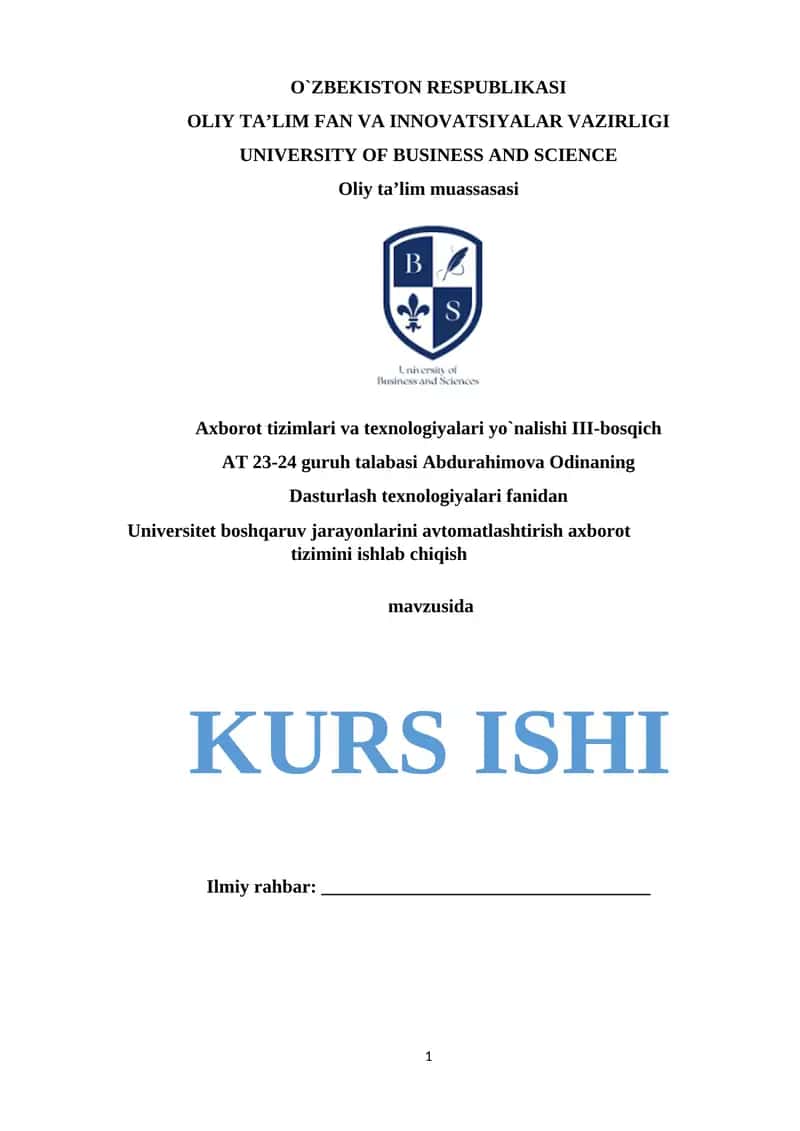 UNIVERSITET BOSHQARUV JARAYONLARINI AVTOMATLASHTIRISH TIZIMI UCHUN TALABLARNI SHAKLLANTIRISH 1