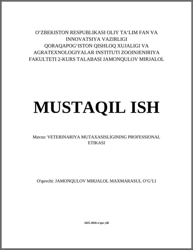 VETERINARIYA MUTAXASISLIGINING PROFESSIONAL ETIKASI 1