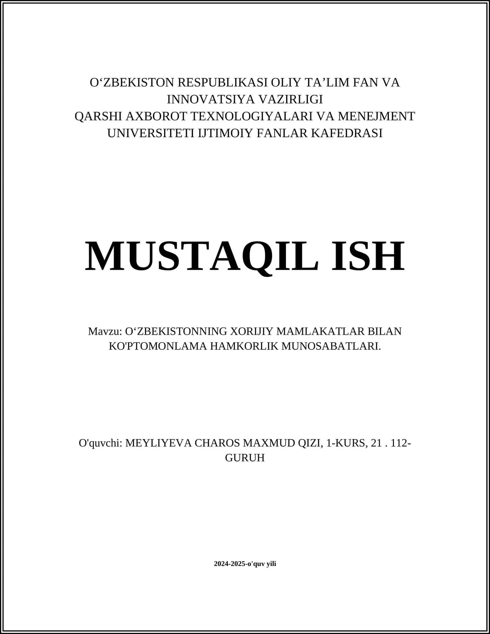 OʻZBEKISTONNING XORIJIY MAMLAKATLAR BILAN KO'PTOMONLAMA HAMKORLIK MUNOSABATLARI 1
