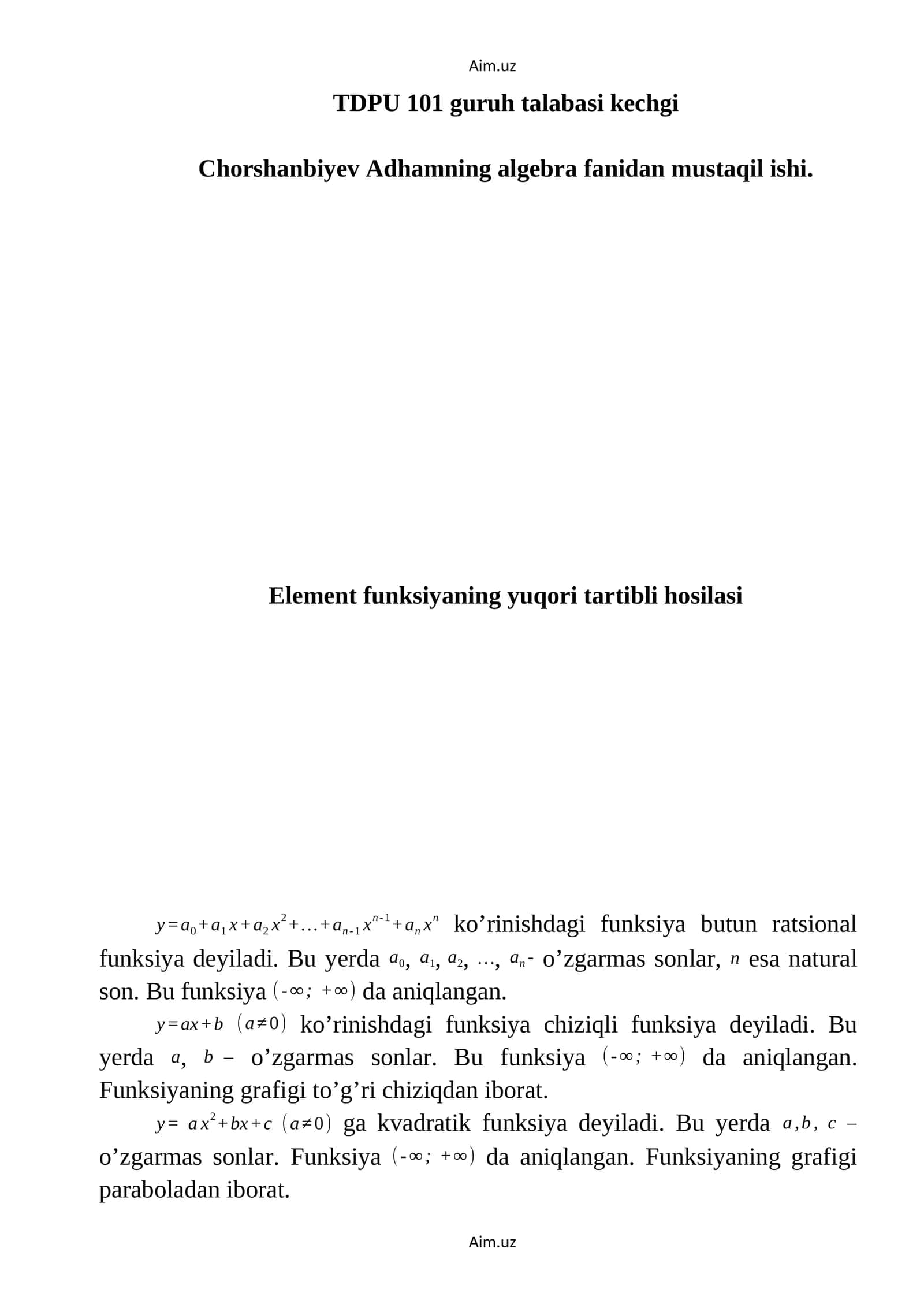 Element funksiyaning yuqori tartibli hosilasi 1