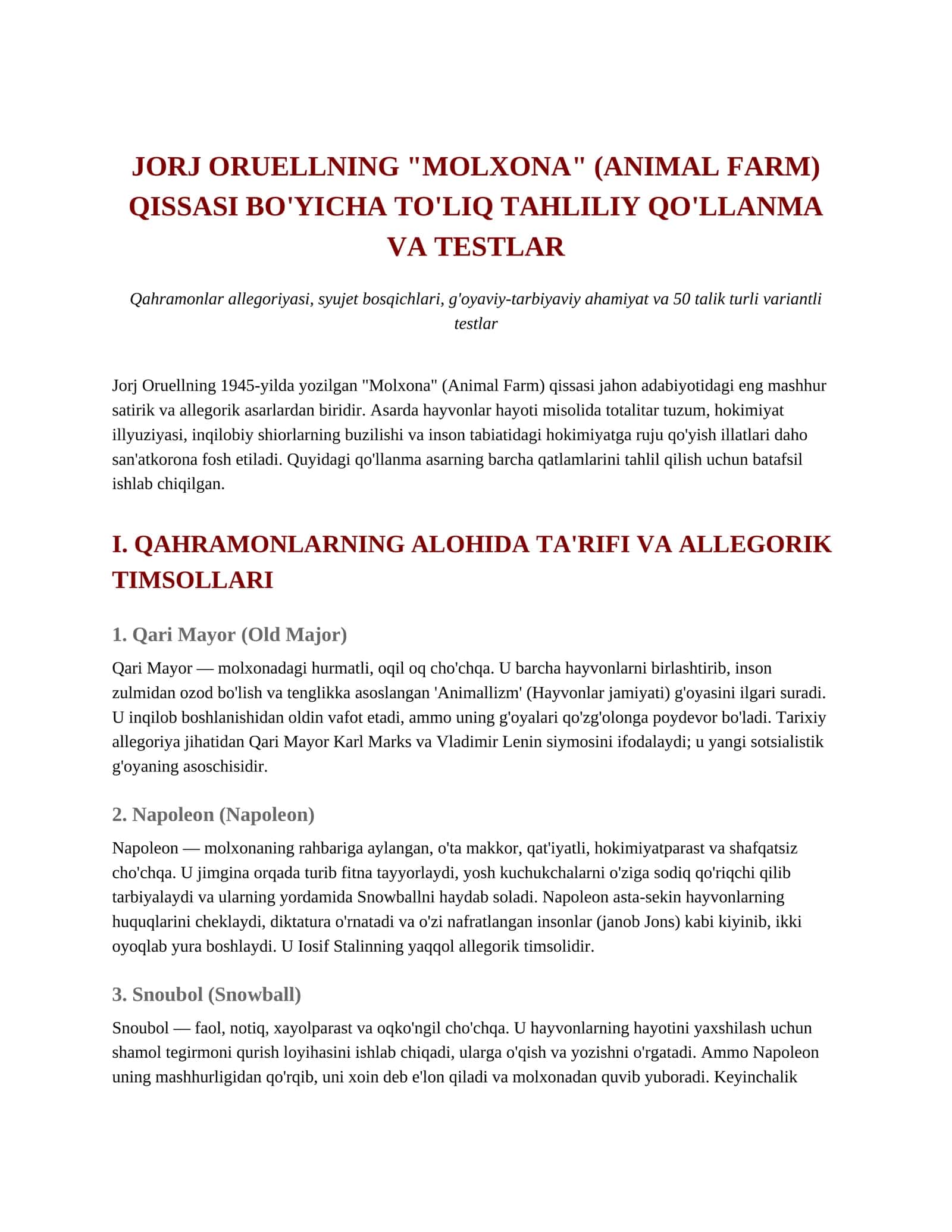 "Molxona" (Animal Farm) Qissasi Tahliliy Qo'llanma va Testlar 1