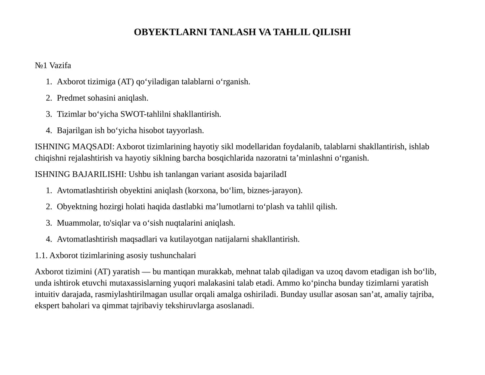 OBYEKTLARNI TANLASH VA TAHLIL QILISHI 1