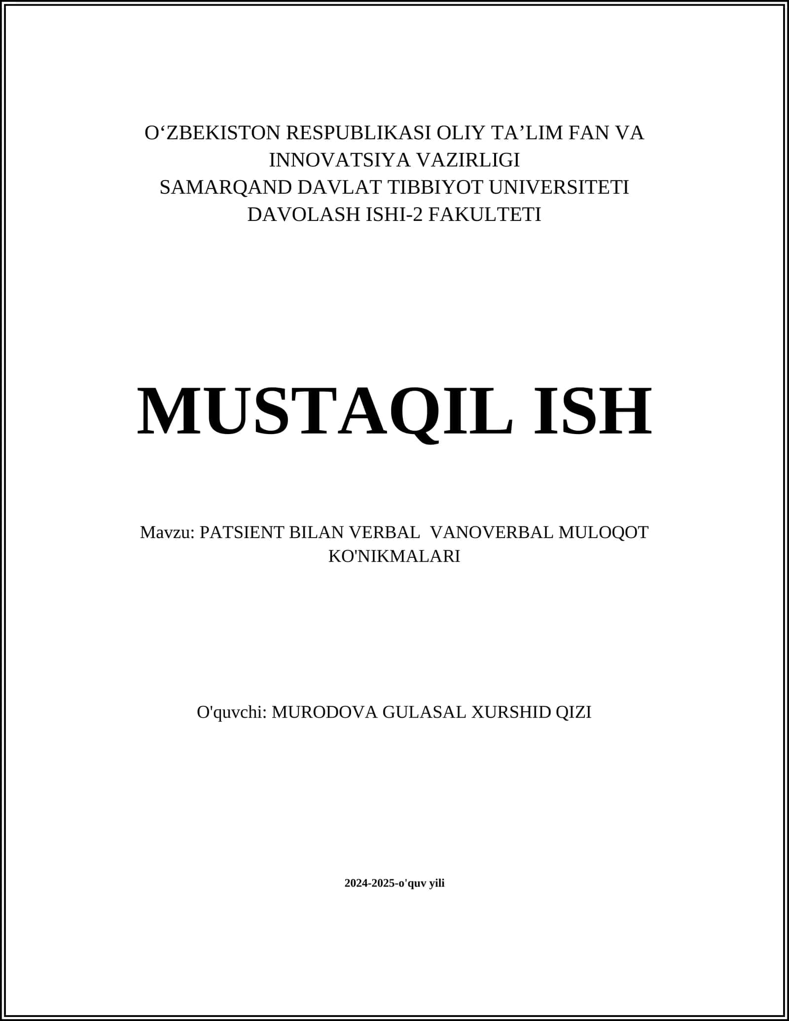 PATSIENT BILAN VERBAL VANOVERBAL MULOQOT KO'NIKMALARI 1