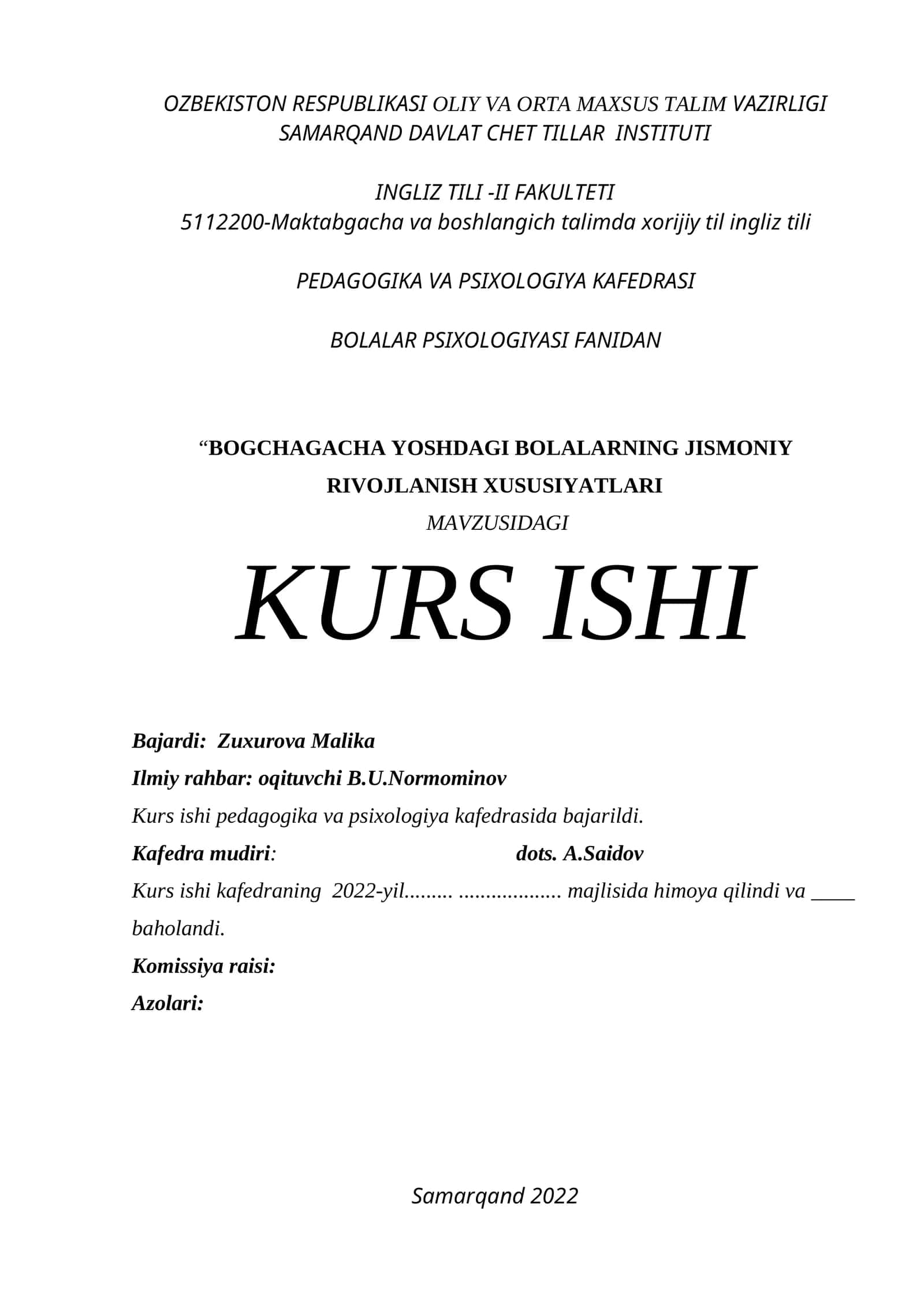 BOG'CHAGACHA YOSHDAGI BOLALARNING JISMONIY RIVOJLANISH XUSUSIYATLARI KURS ISHI 1