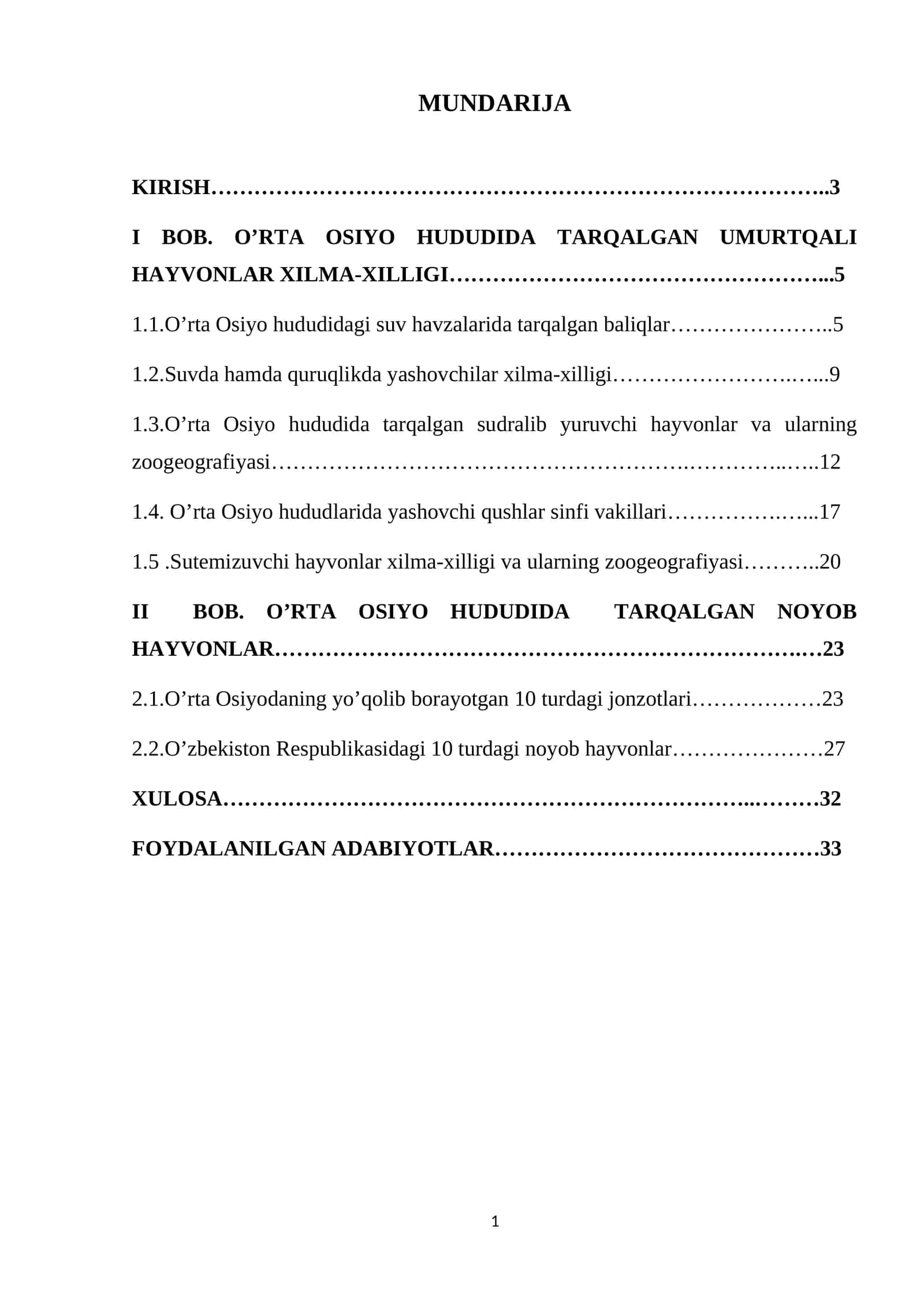 O‘rta Osiyo hududida tarqalgan umurtqali hayvonlar xilma-xilligi 1