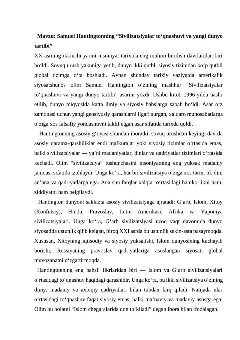 Samuel Hantingtonning “Sivilizatsiyalar to‘qnashuvi va yangi dunyo tartibi” 1