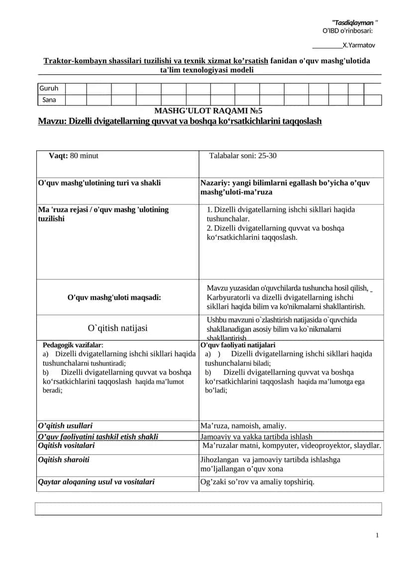Traktor-kombayn shassilari tuzilishi va texnik xizmat ko’rsatish fаnidan o'quv mashg'ulotida ta'lim texnologiyasi modeli 1