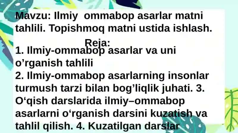 Ilmiy-ommabop asarlar va uni O’rganish tahlili