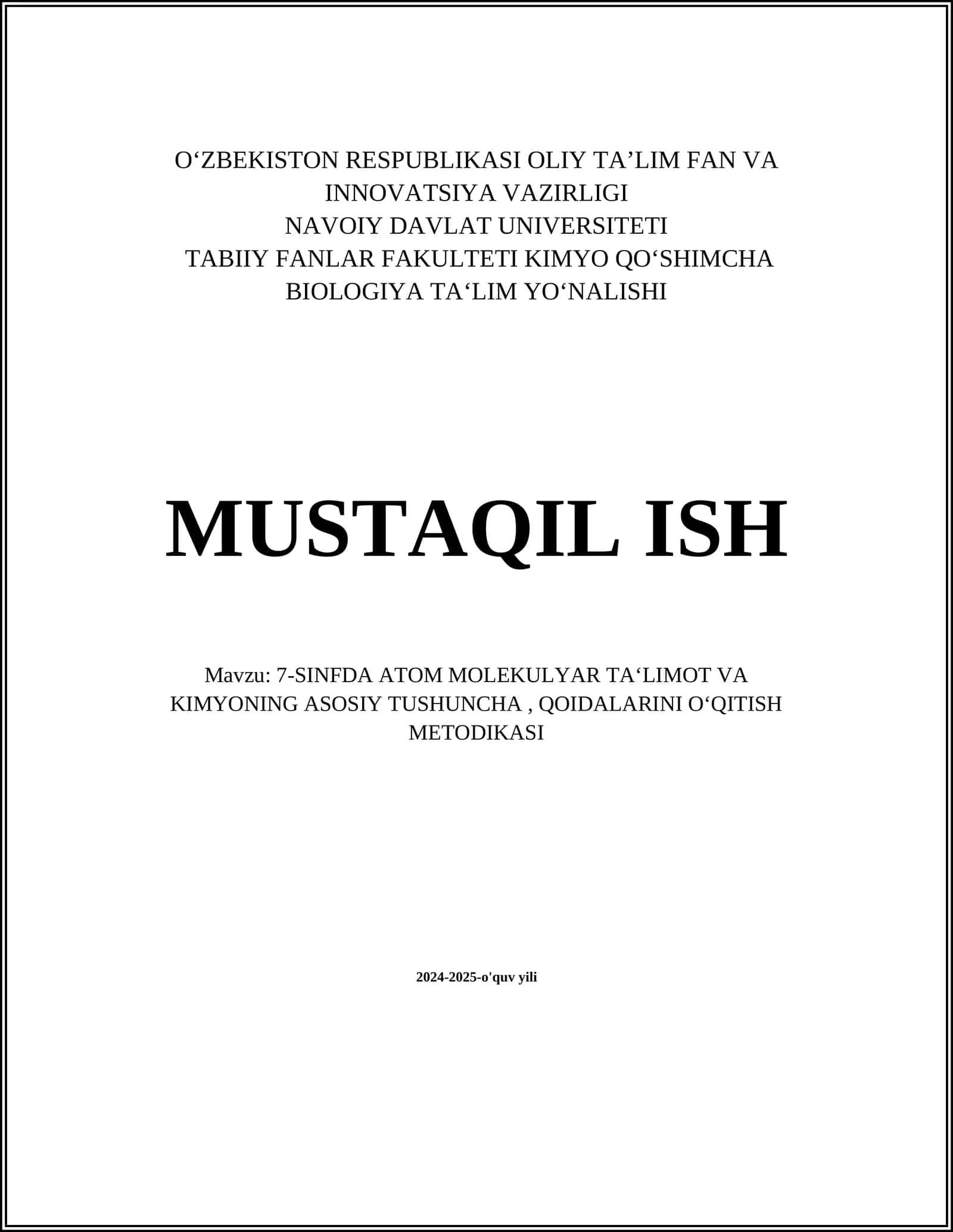 7-SINFDA ATOM MOLEKULYAR TA‘LIMOT VA KIMYONING ASOSIY TUSHUNCHA, QOIDALARINI O‘QITISH METODIKASI 1