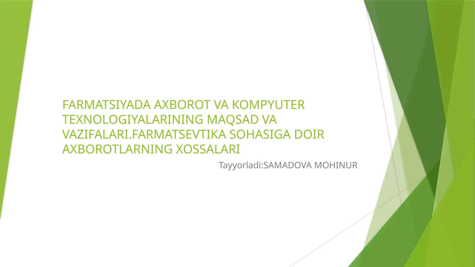 FARMATSIYADA AXBOROT VA KOMPYUTER TEXNOLOGIYALARINING MAQSAD VA VAZIFALARI.FARMATSEVTIKA SOHASIGA DOIR AXBOROTLARNING XOSSALARI 1