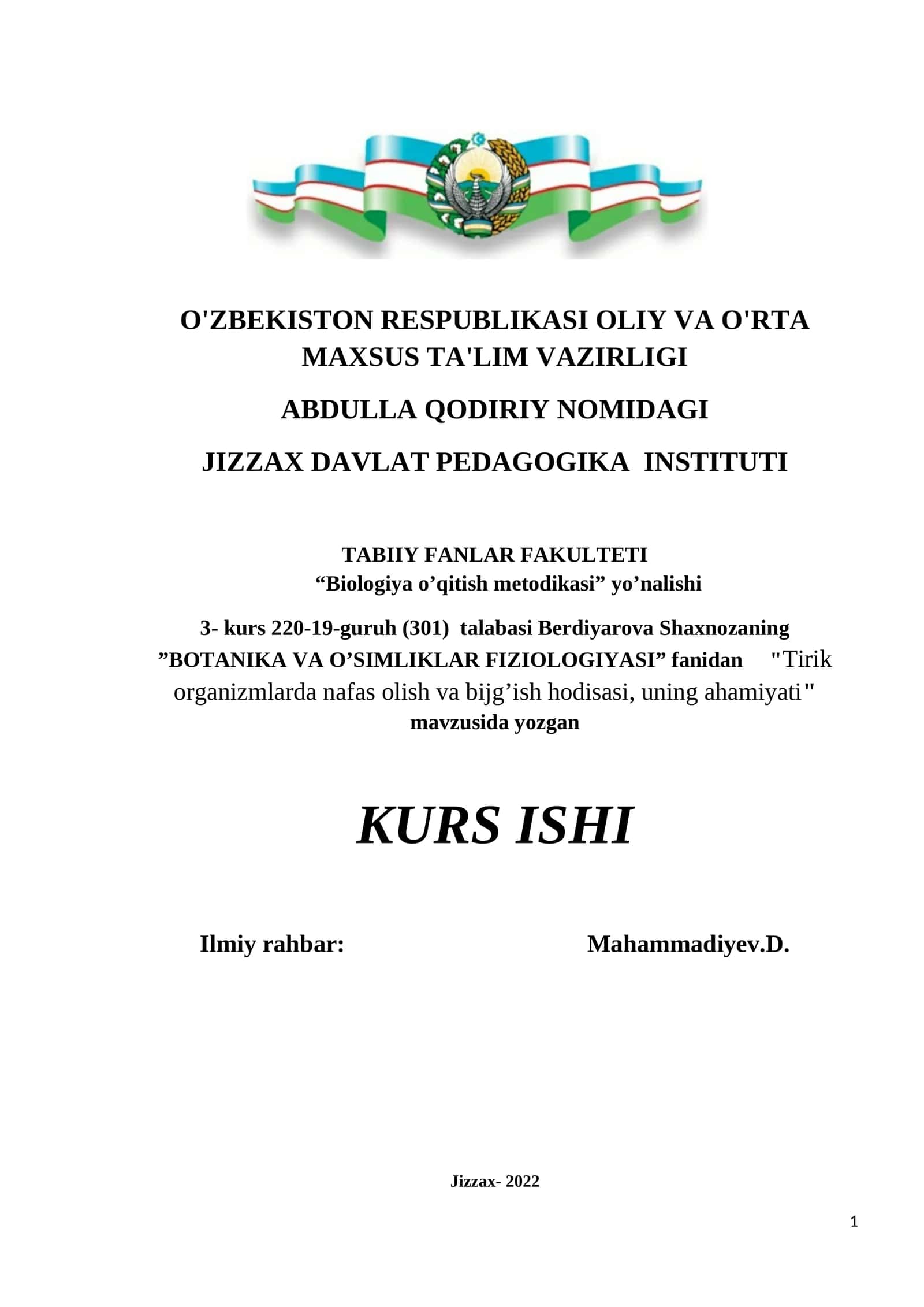 Tirik organizmlarda nafas olish va bijg’ish hodisasi, uning ahamiyati kurs ishi 1