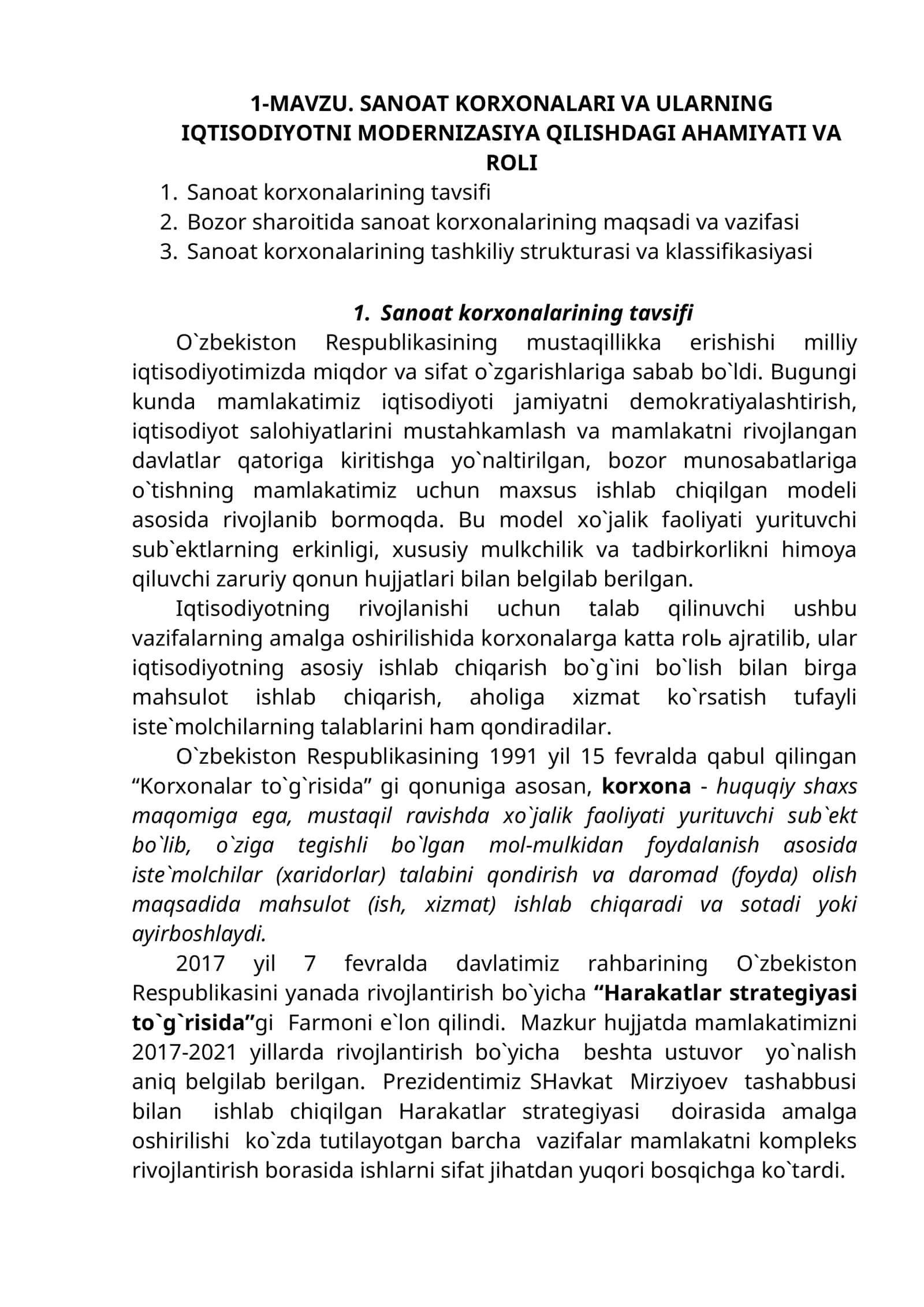 SANOAT KORXONALARI VA ULARNING IQTISODIYOTNI MODERNIZASIYA QILISHDAGI AHAMIYATI VA ROLI 1
