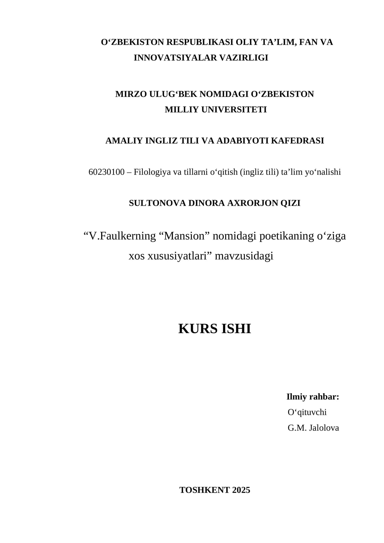 V.Faulkerning “Mansion” nomidagi poetikaning oʻziga xos xususiyatlari 1