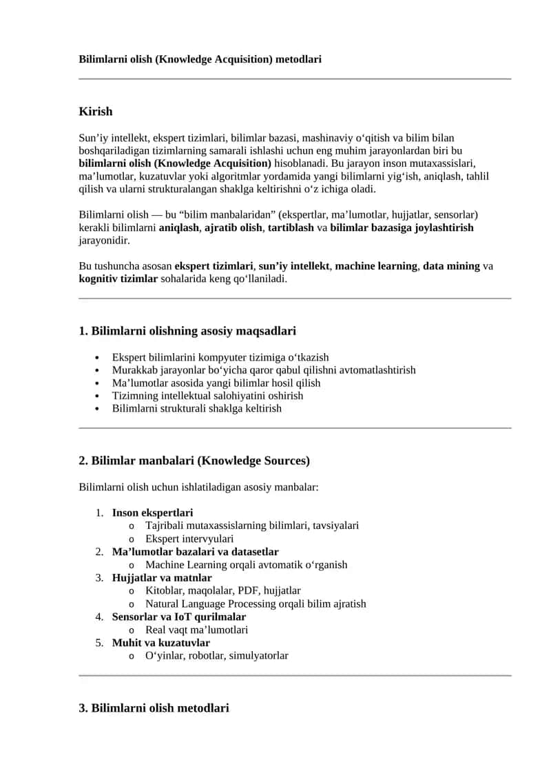 Bilimlarni olish (Knowledge Acquisition) metodlari 1
