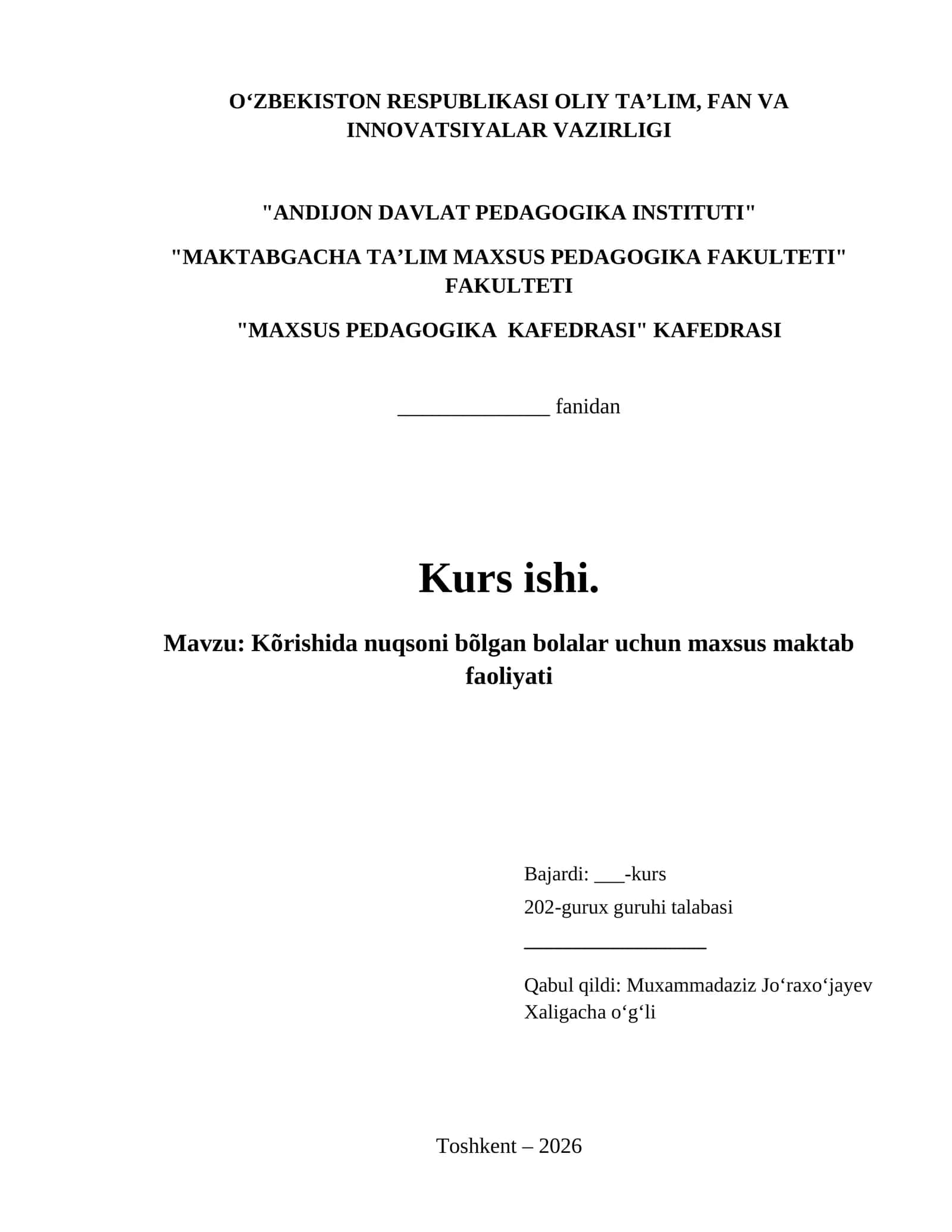 Kõrishida nuqsoni bõlgan bolalar uchun maxsus maktab faoliyati 1