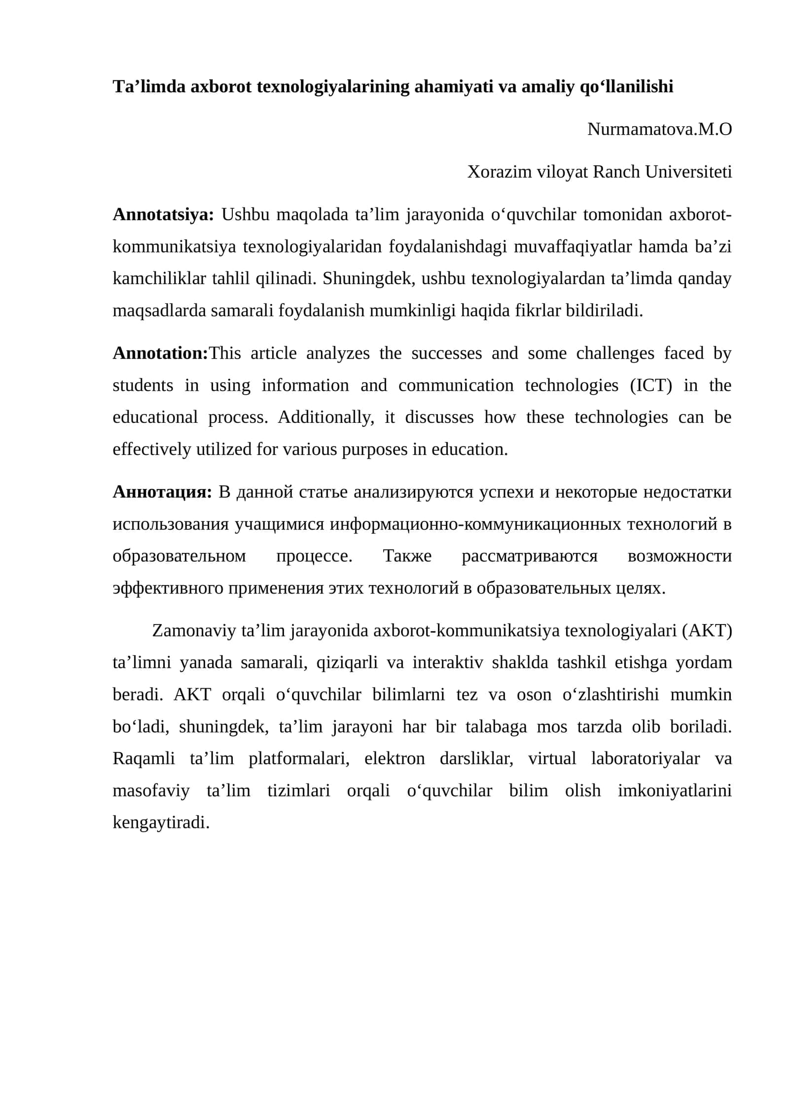 Tа’limda аxborot tеxnоlоgiyаlаrining аhаmiyati va аmаliy qo‘llаnilishi 1
