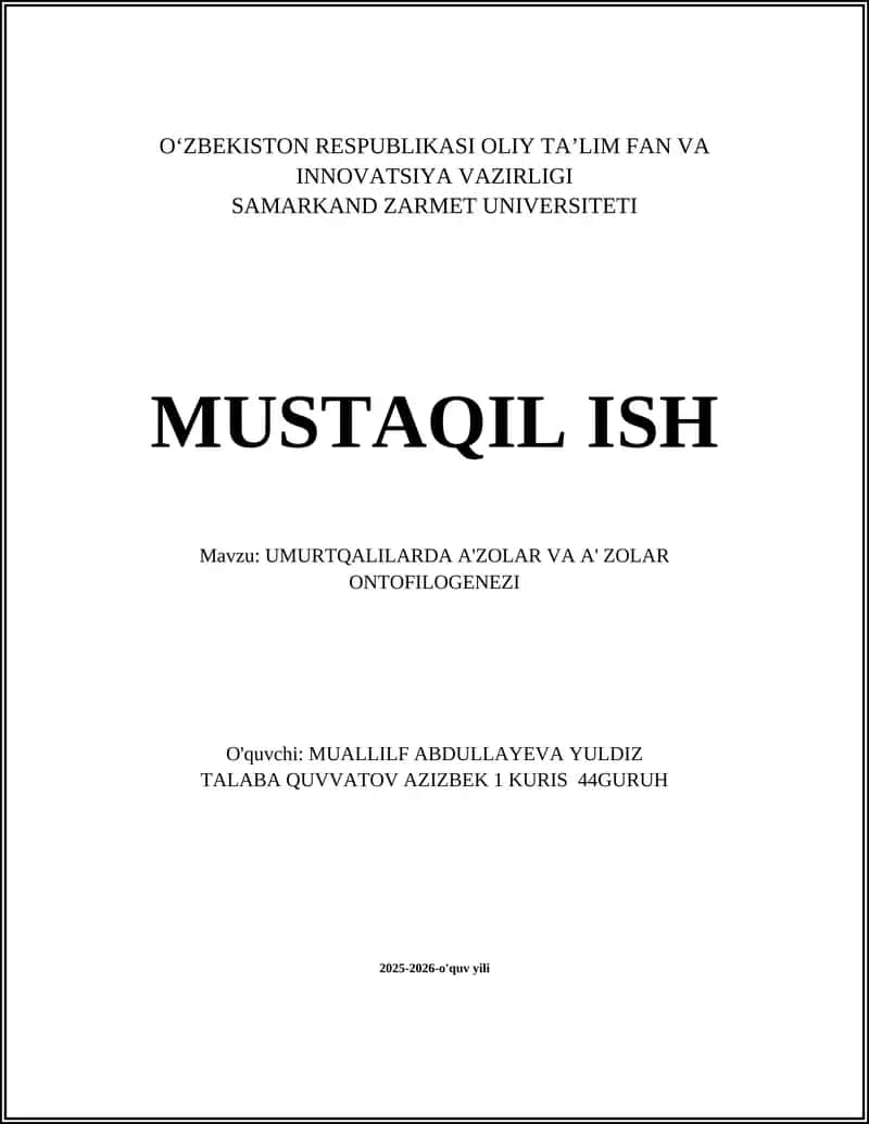 UMURTQALILARDA A'ZOLAR VA A' ZOLAR ONTOFILOGENEZI 1