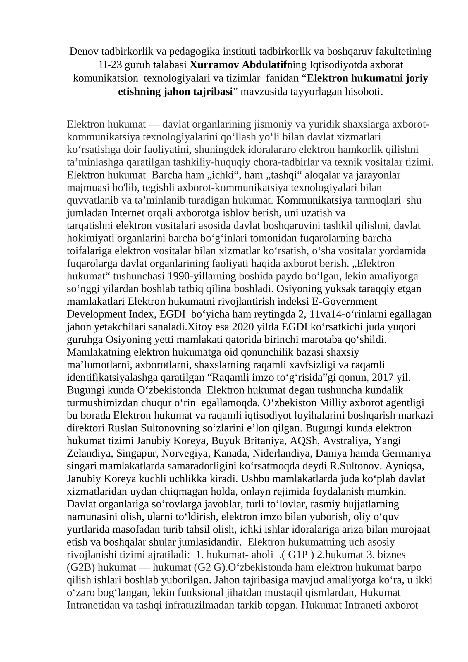 Elektron hukumatni joriy etishning jahon tajribasi 1