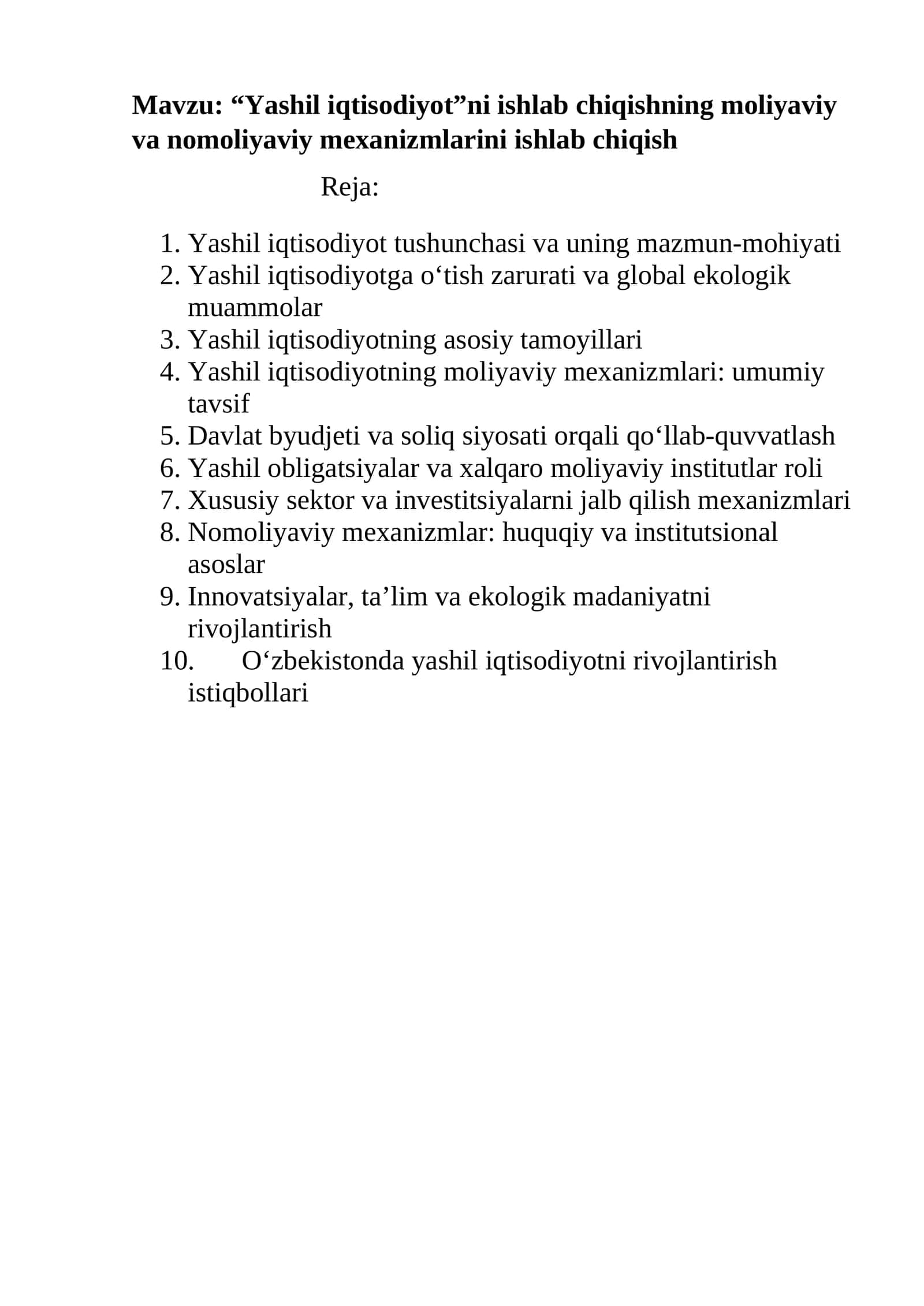 “Yashil iqtisodiyot”ni ishlab chiqishning moliyaviy va nomoliyaviy mexanizmlarini ishlab chiqish 1
