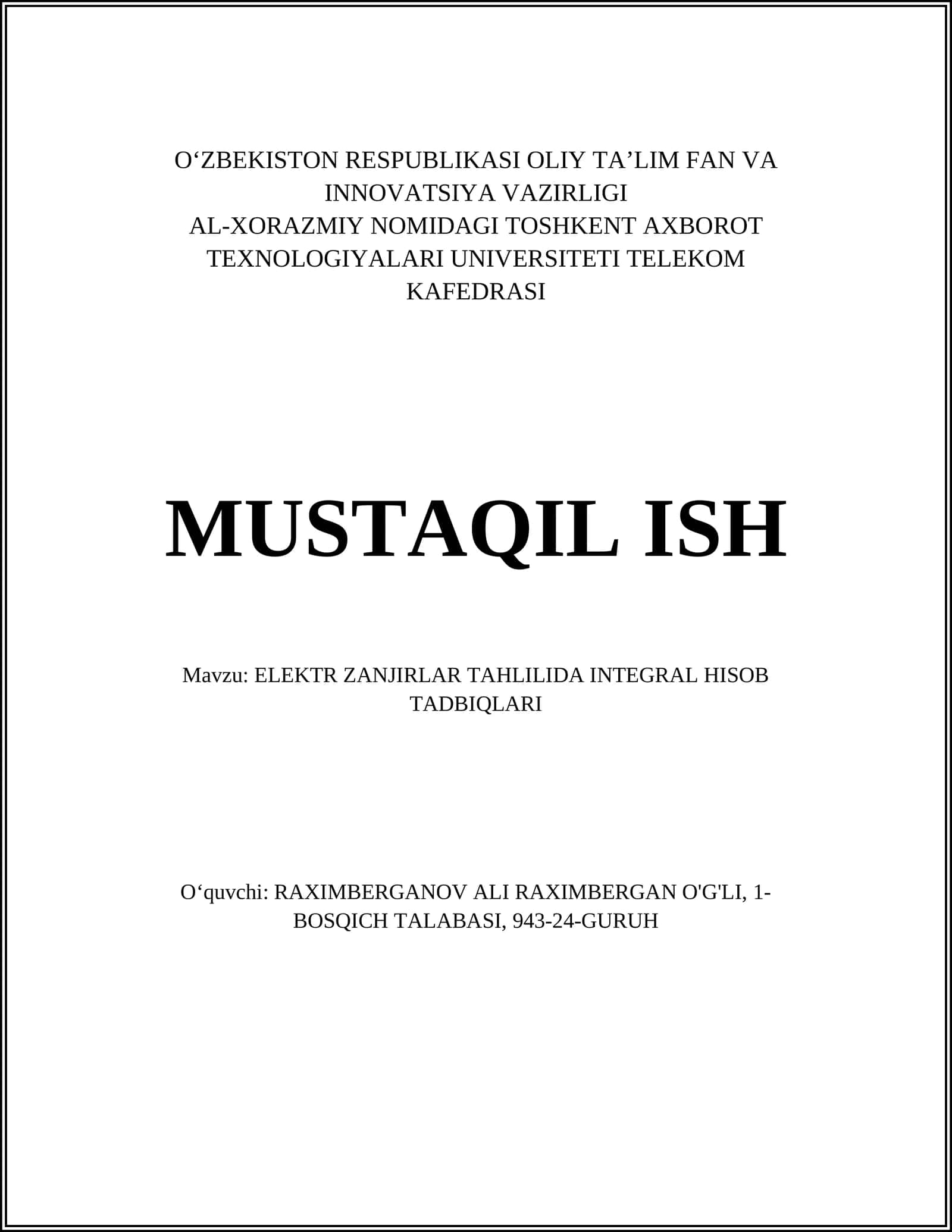 ELEKTR ZANJIRLAR TAHLILIDA INTEGRAL HISOB TADBIQLARI 1