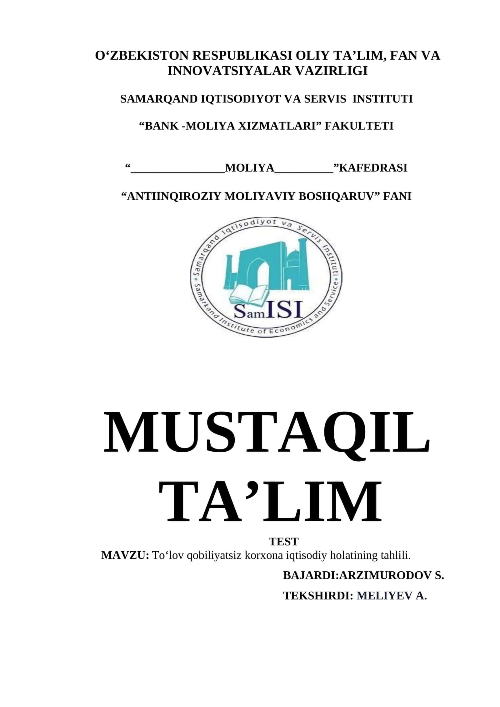 To'lov qobiliyatsiz korxona iqtisodiy holatining tahlili 1