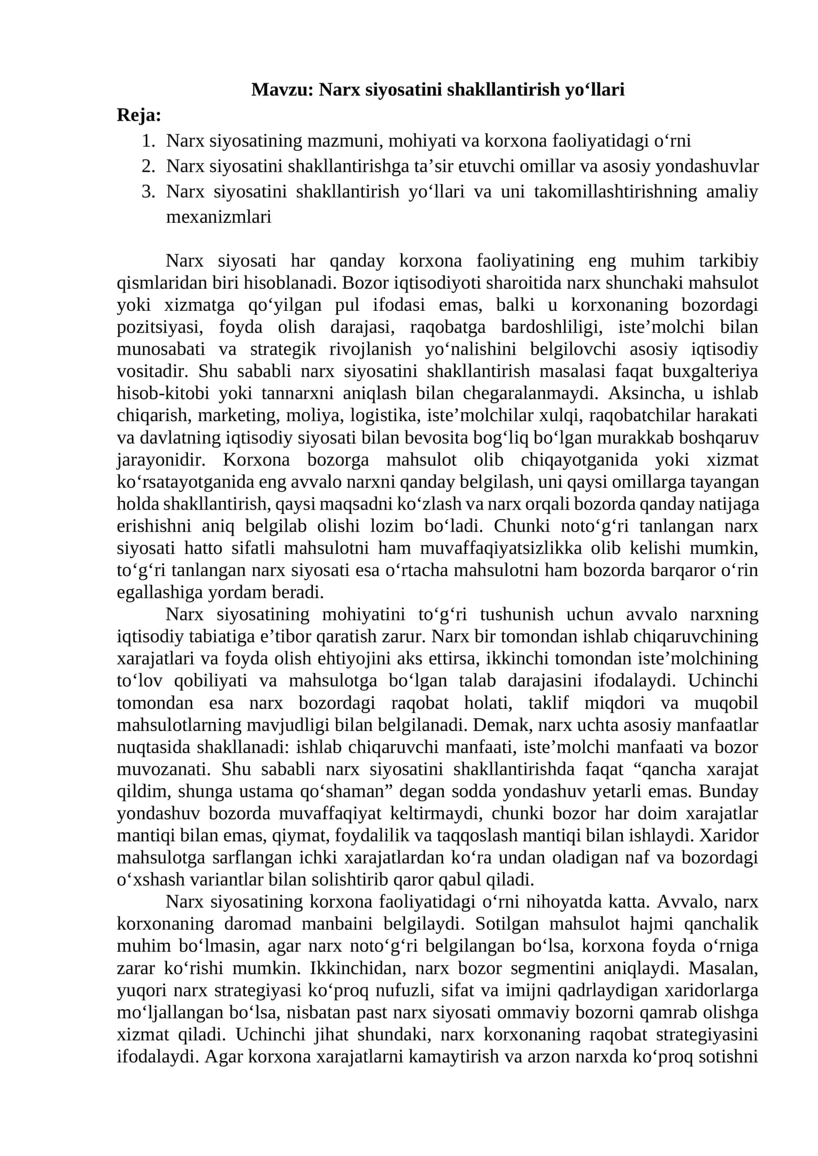 Narx siyosatini shakllantirish yo‘llari 1