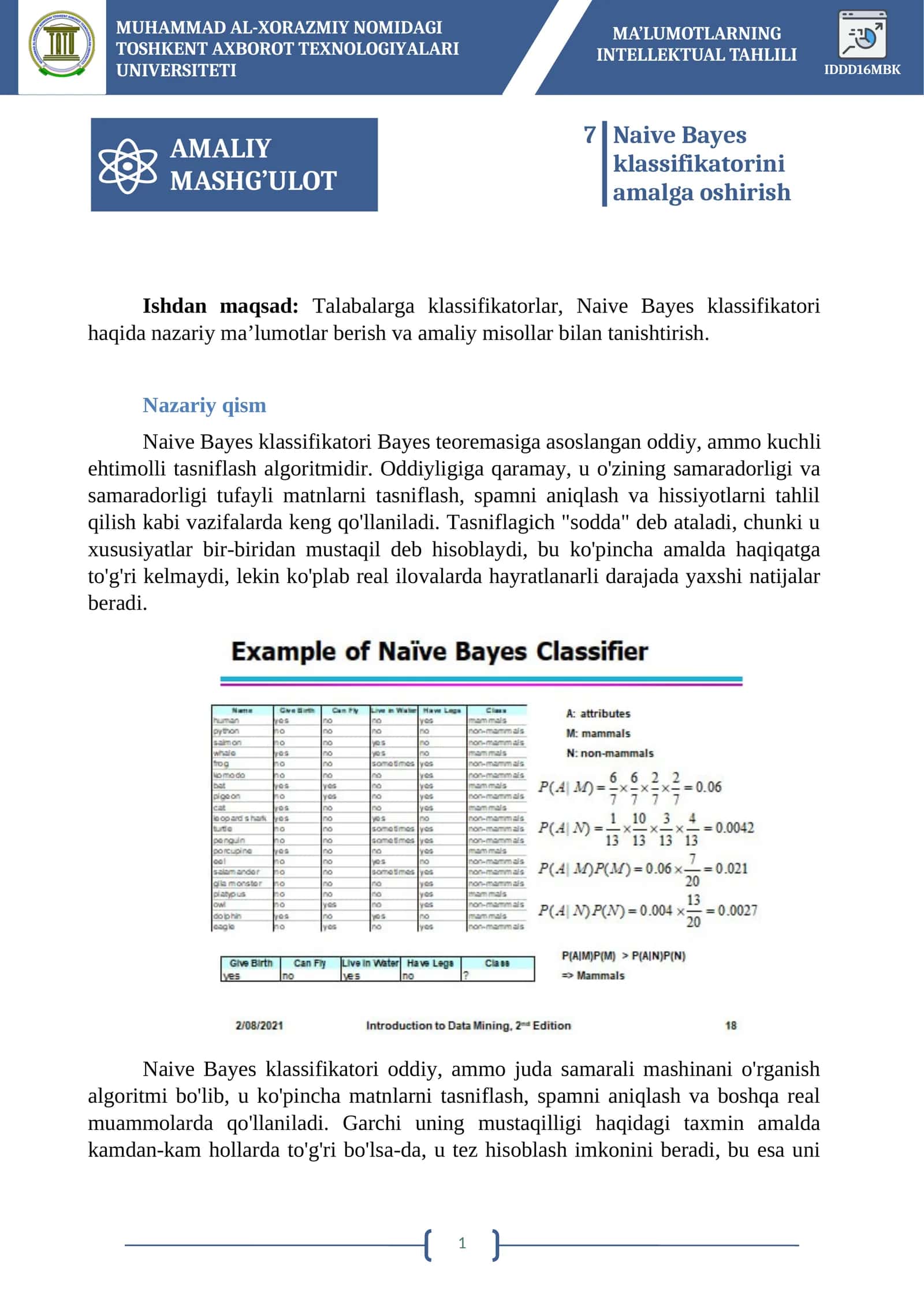Naive Bayes klassifikatorini amalga oshirish 1