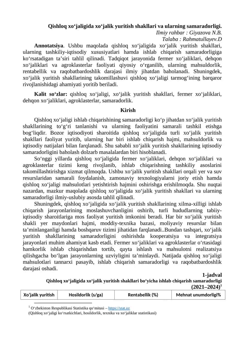 Qishloq xo‘jaligida xo‘jalik yuritish shakllari va ularning samaradorligi 1