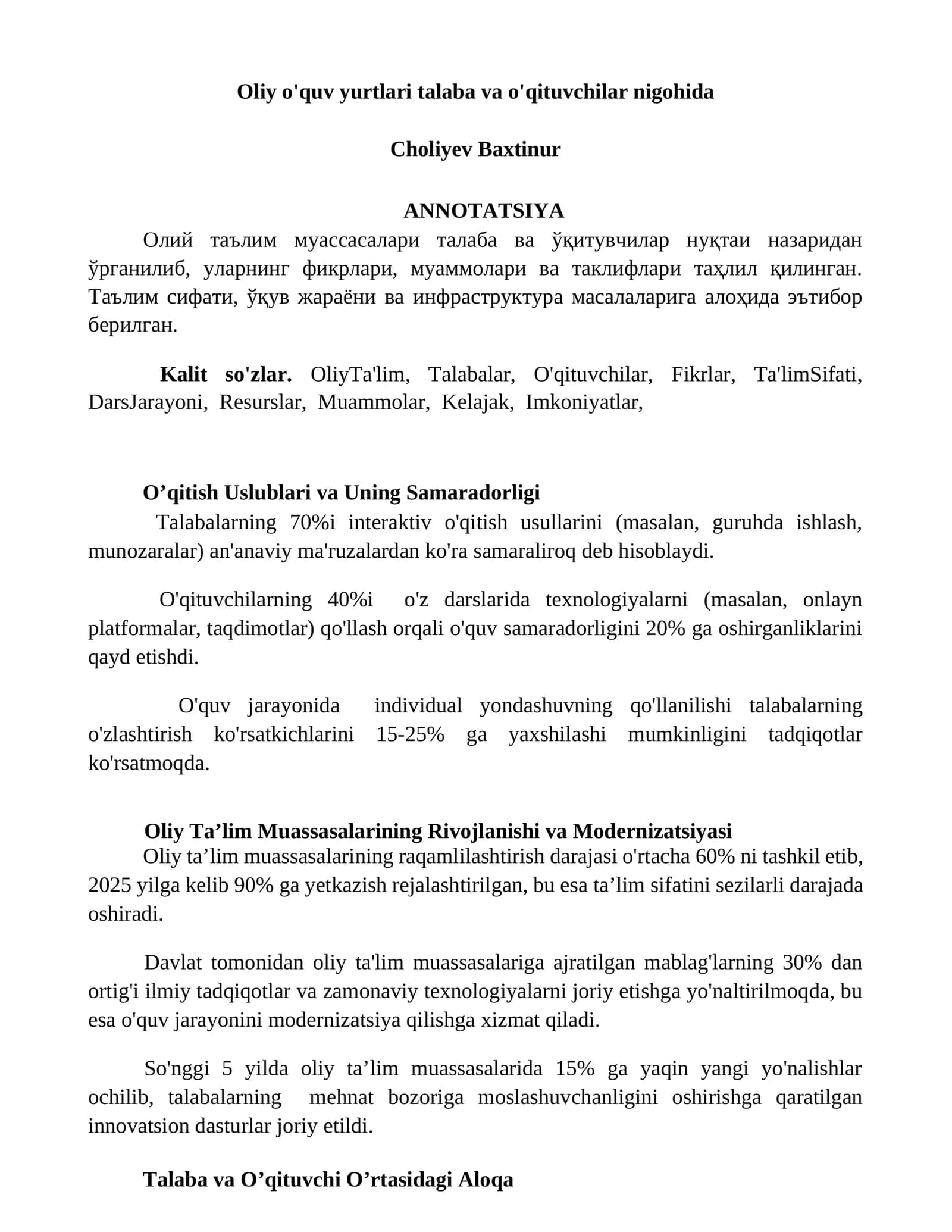 Oliy Ta'lim Muassasalarining Rivojlanishi va Modernizatsiyasi 1