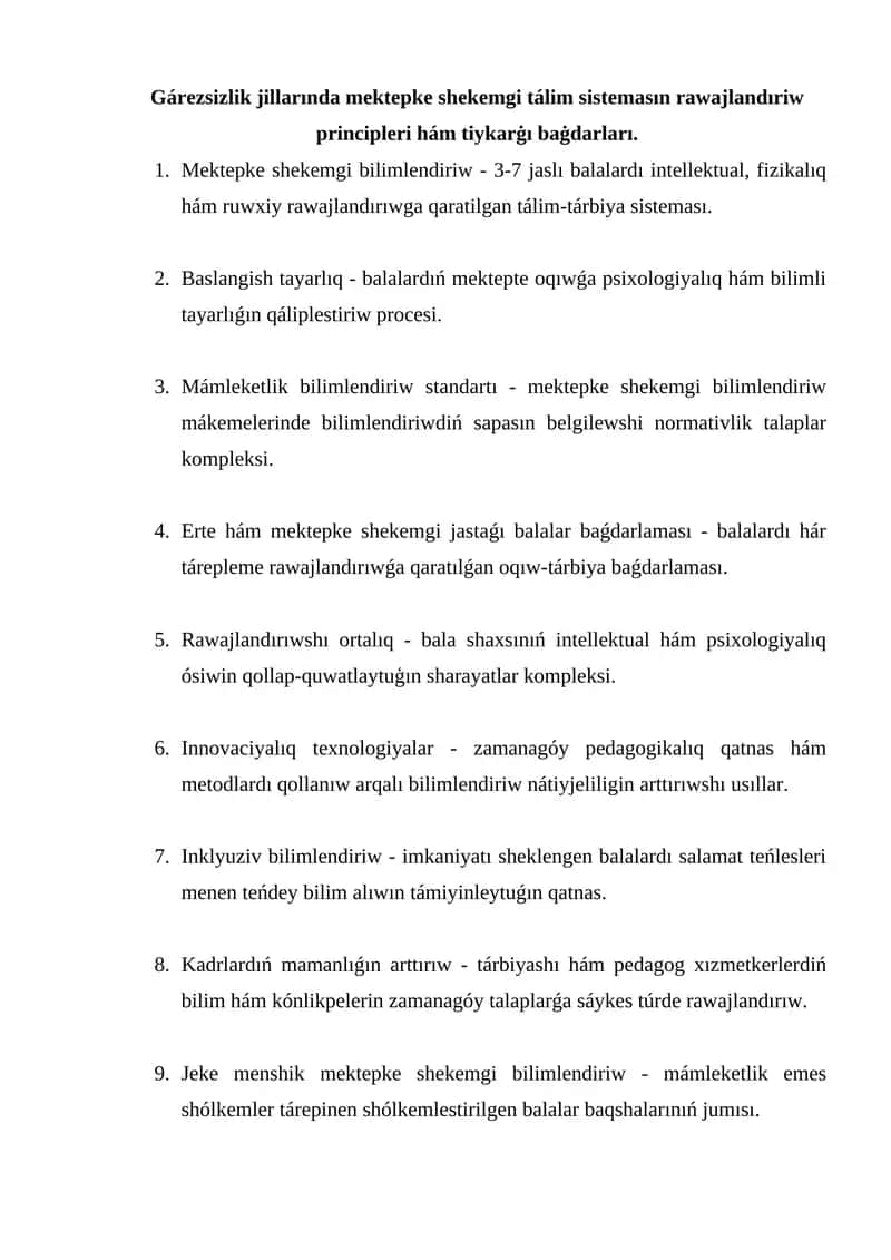 Gárezsizlik jillarında mektepke shekemgi tálim sistemasın rawajlandıriw principleri hám tiykarġı baġdarları 1