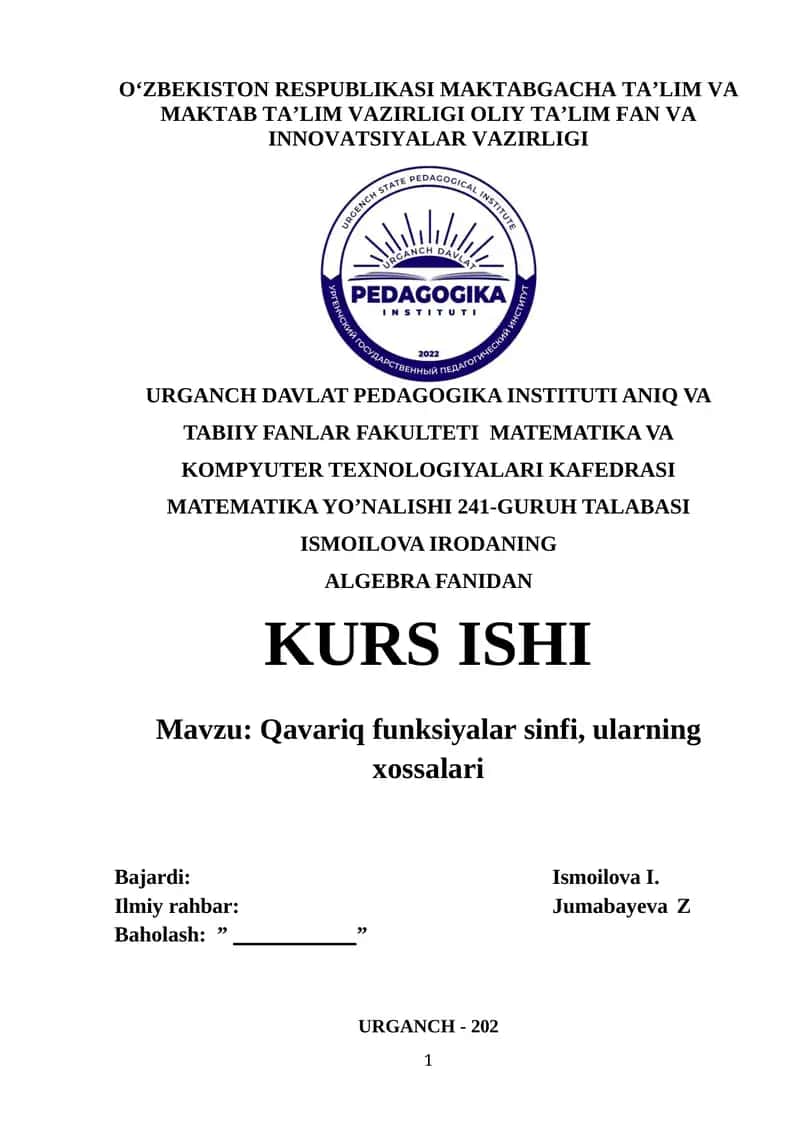 Qavariq funksiyalar sinfi, ularning xossalari 1