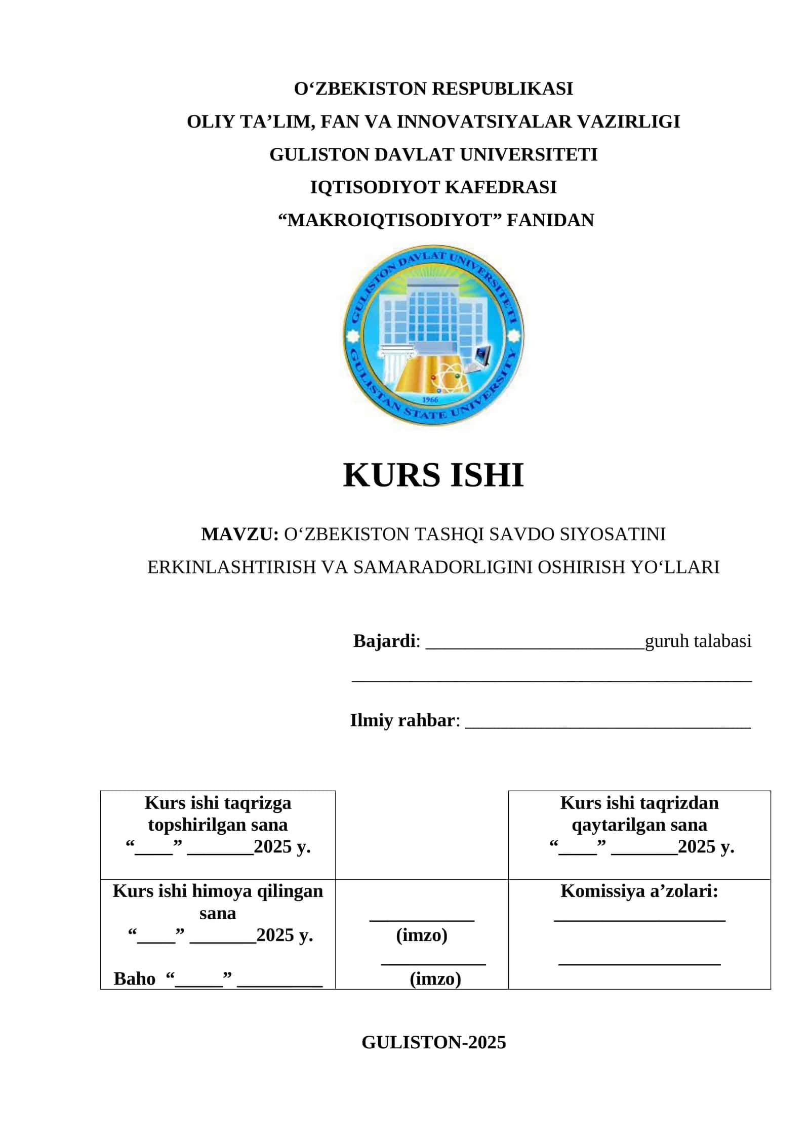O‘ZBEKISTON TASHQI SAVDO SIYOSATINI ERKINLASHTIRISH VA SAMARADORLIGINI OSHIRISH YO‘LLARI 1