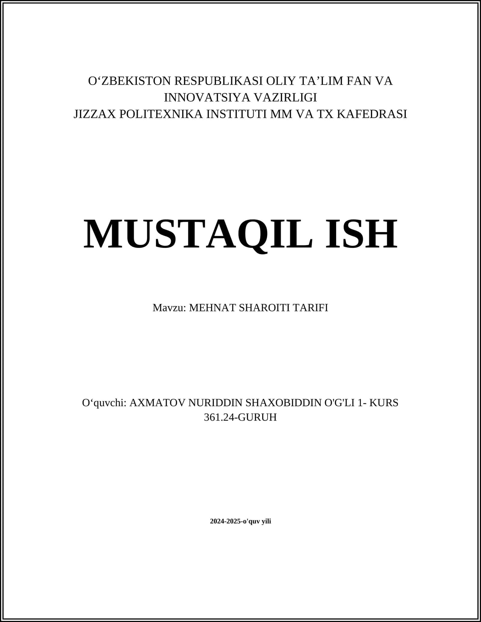 MEHNAT SHAROITI TARIFI 1