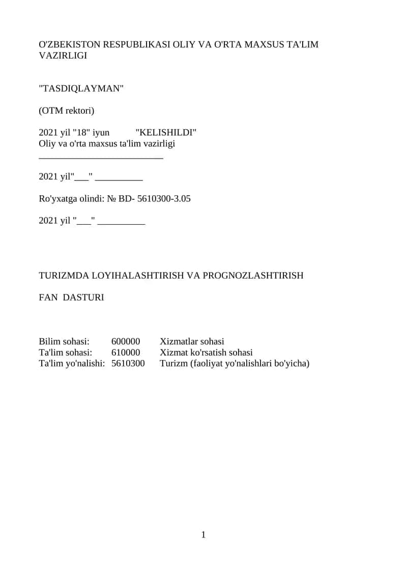 TURIZMDA LOYIHALASHTIRISH VA PROGNOZLASHTIRISH FAN DASTURI 1