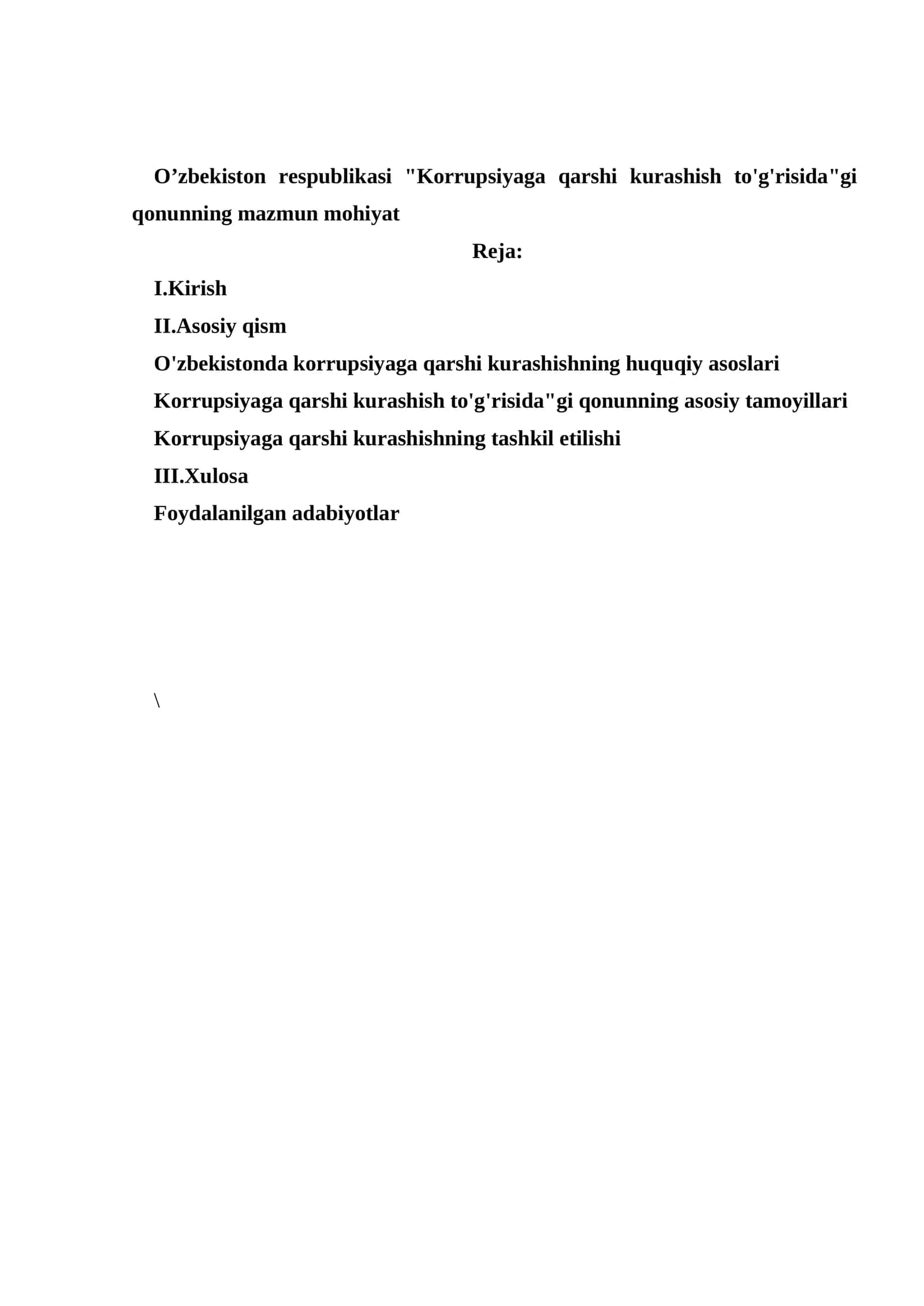 O’zbekiston respublikasi Korrupsiyaga qarshi kurashish to'g'risidagi qonunning mazmun mohiyat 1