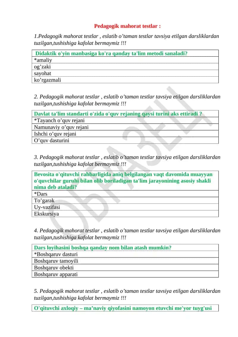 Pedagogik mahorat testlar 1