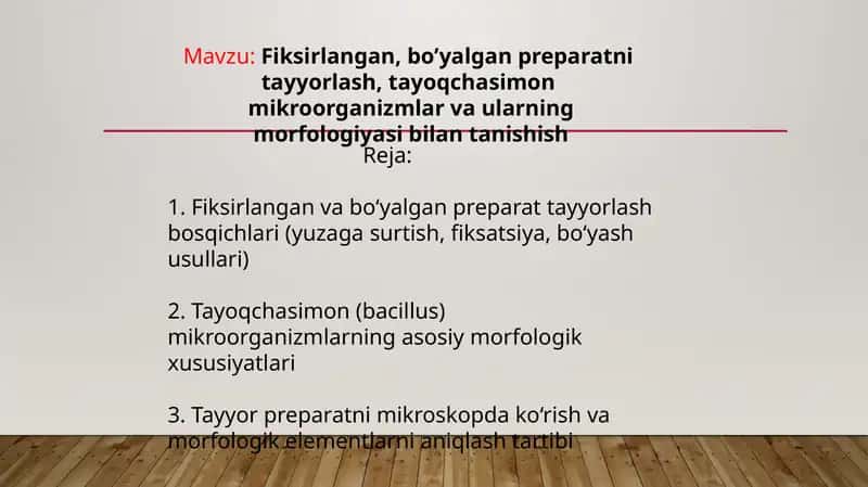 Fiksirlangan, bo’yalgan preparatni  tayyorlash, tayoqchasimon  mikroorganizmlar va ularning morfologiyasi bilan tanishish 1