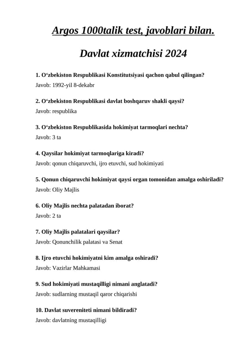 Argos 1000 talik test, javoblari bilan. Davlat xizmatchisi 2024 1