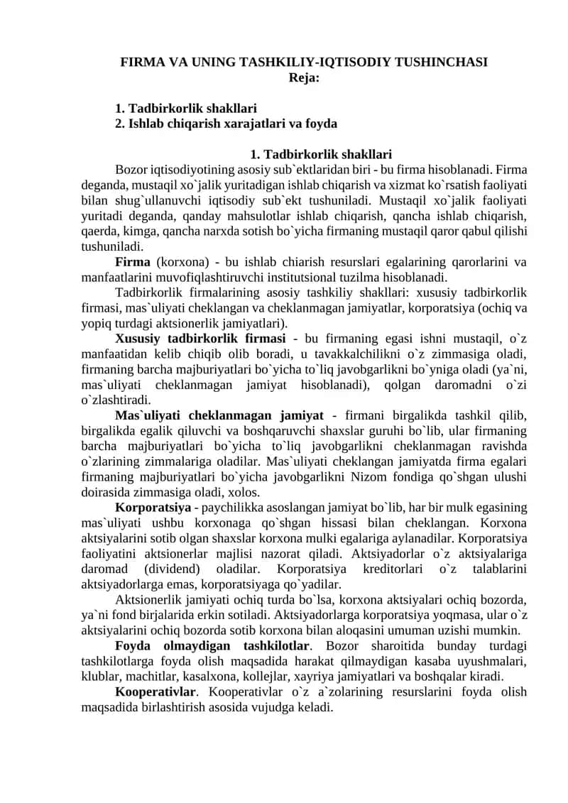 FIRMA VA UNING TASHKILIY-IQTISODIY TUSHINCHASI 1